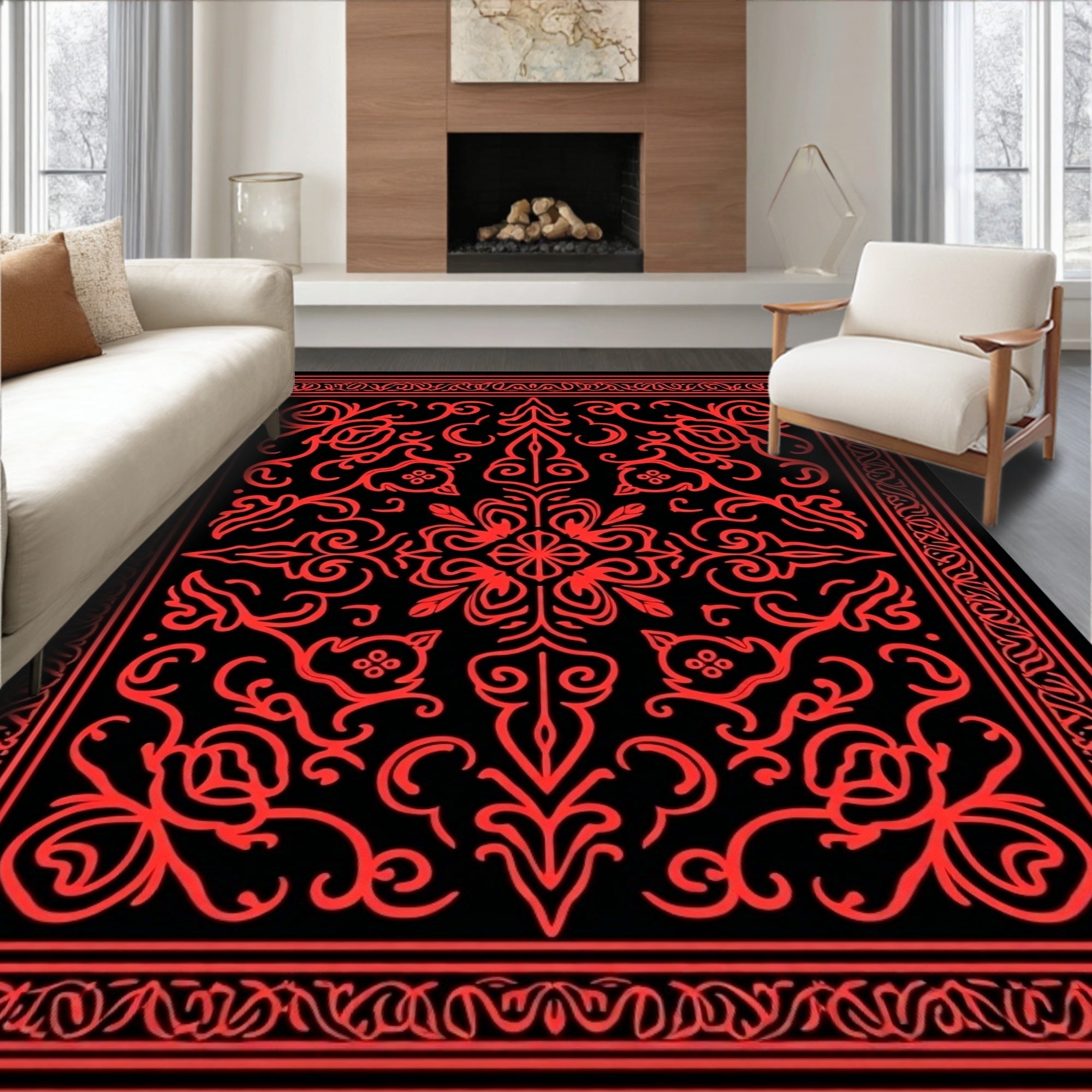 Bold Red Floral Symmetry Pattern Rug