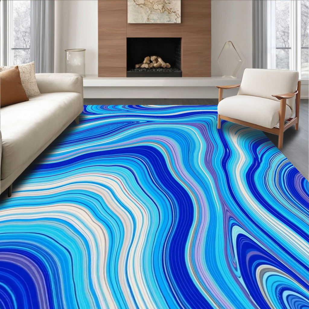 Blue Fluid Marble Swirl Rug