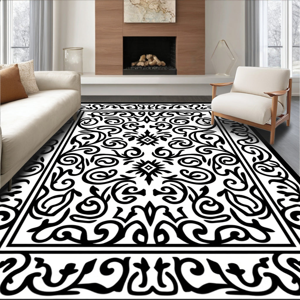 Black White Floral Scroll Work Rug