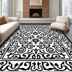Black White Floral Scroll Work Rug