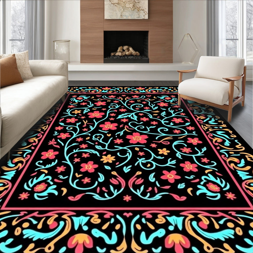Vibrant Floral Vines Border Pattern Rug