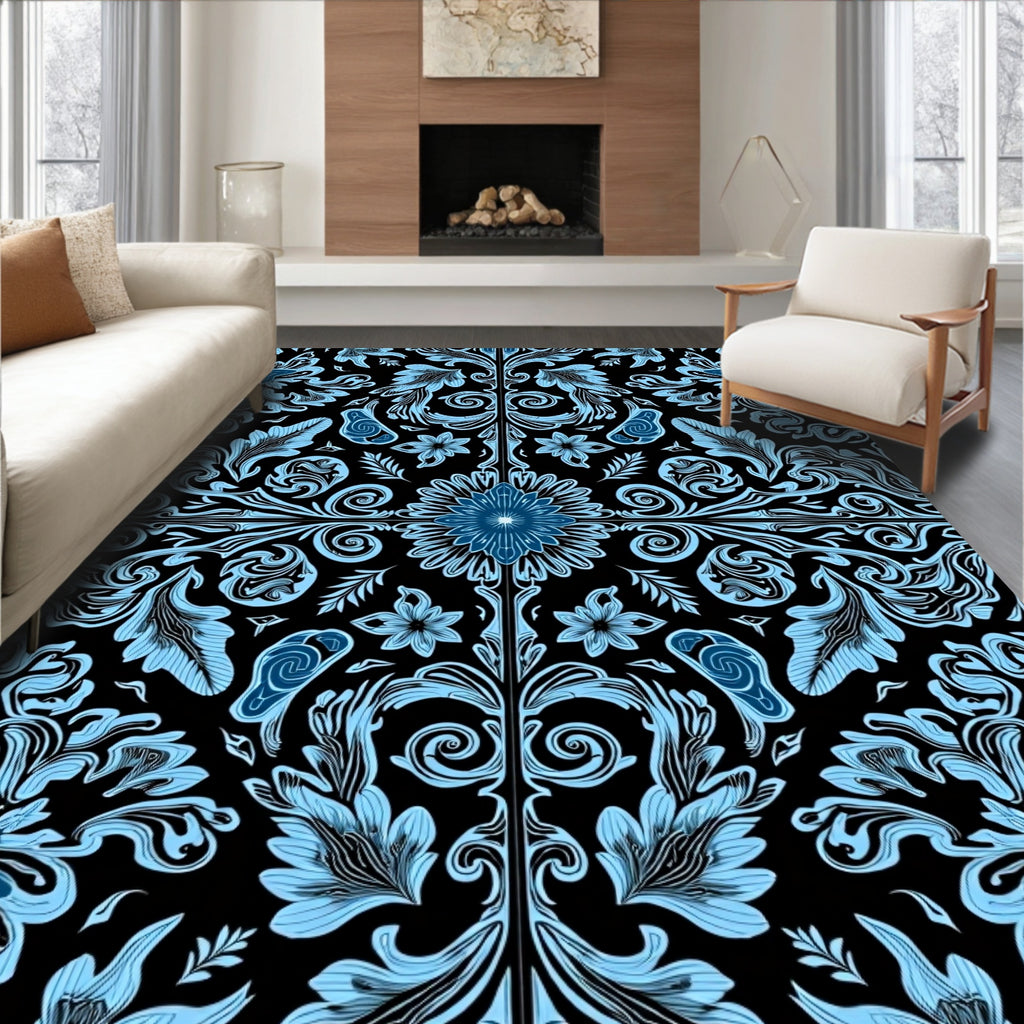 Ornate Blue Floral Scroll Pattern Rug