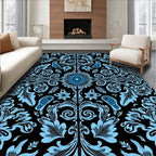Ornate Blue Floral Scroll Pattern Rug