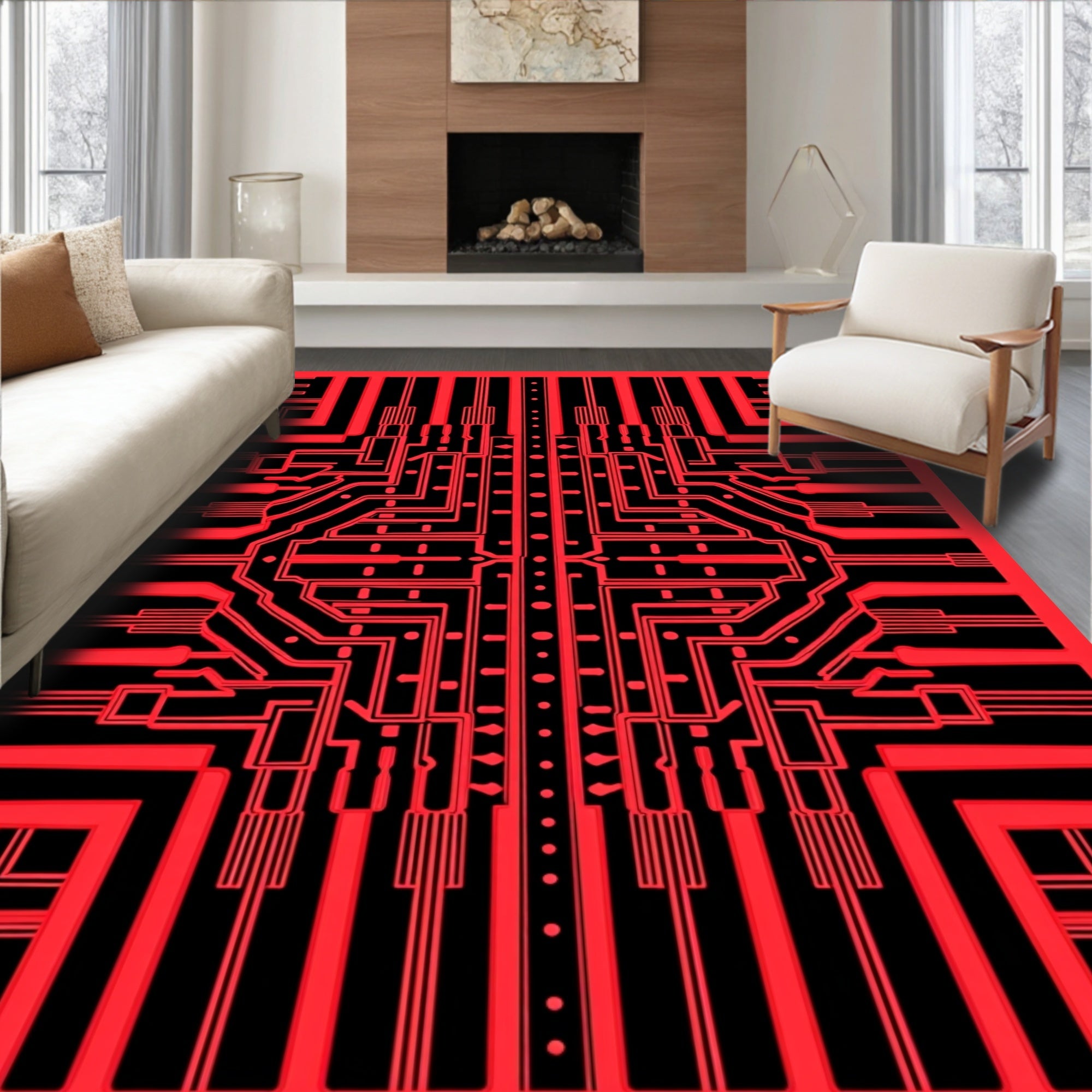 Circuit Board Inspired Geometric Design Rug