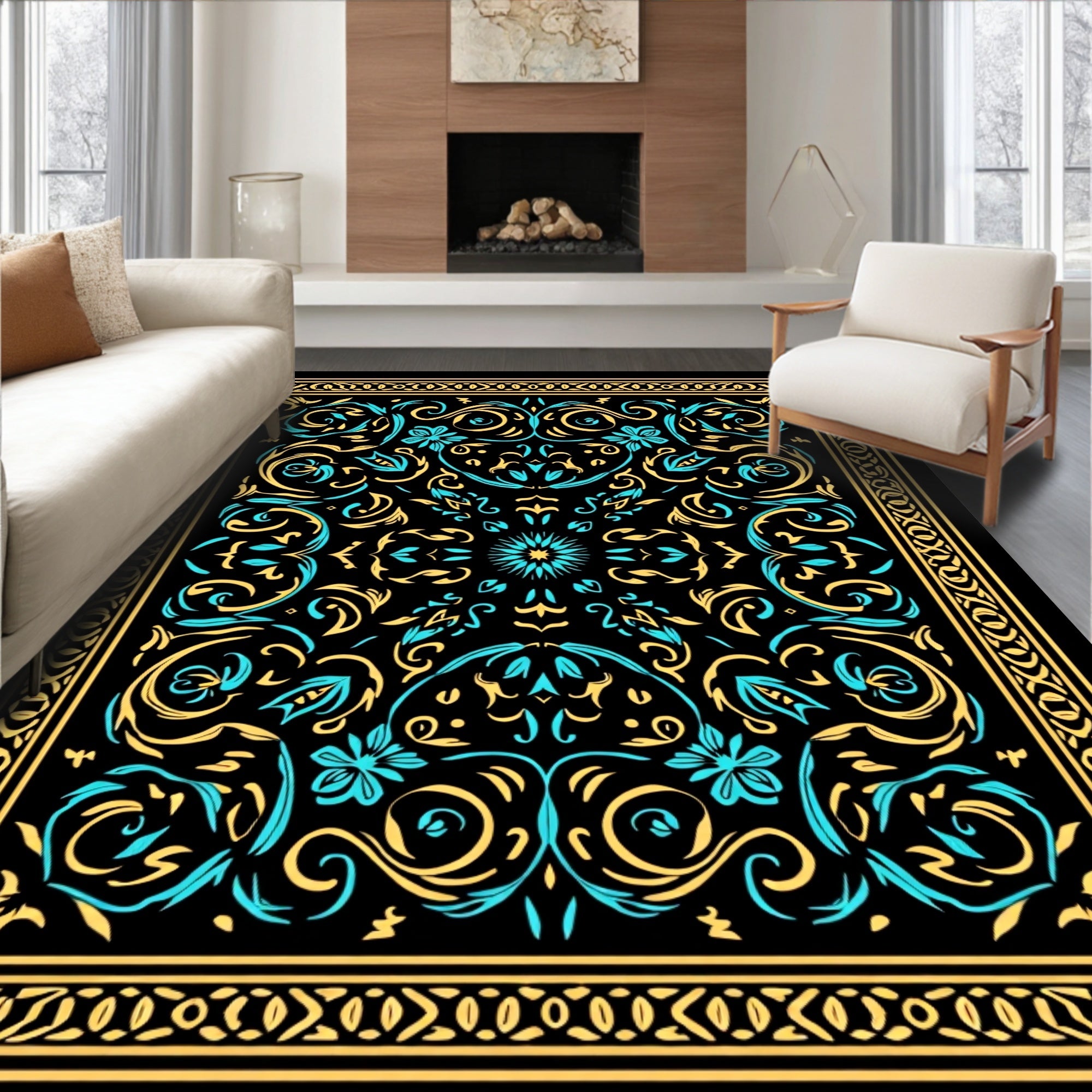 Ornate Teal Gold Floral Mandala Rug