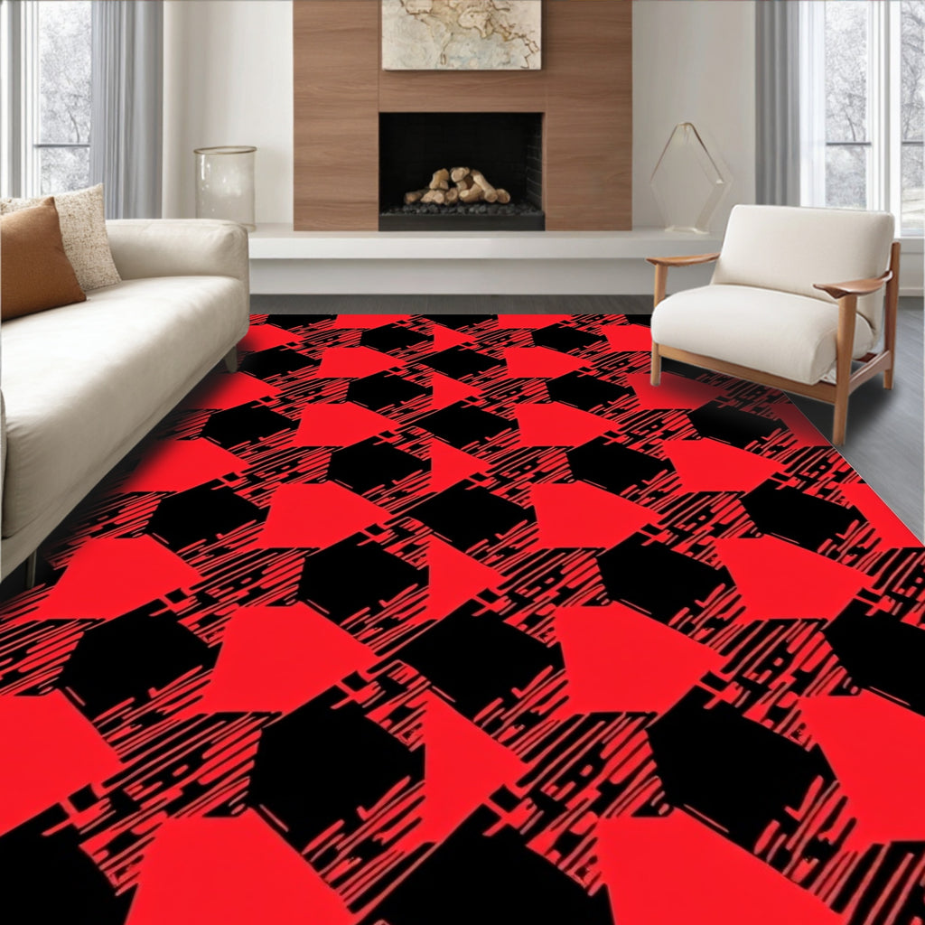 Bold Red and Black Geometric Design Rug
