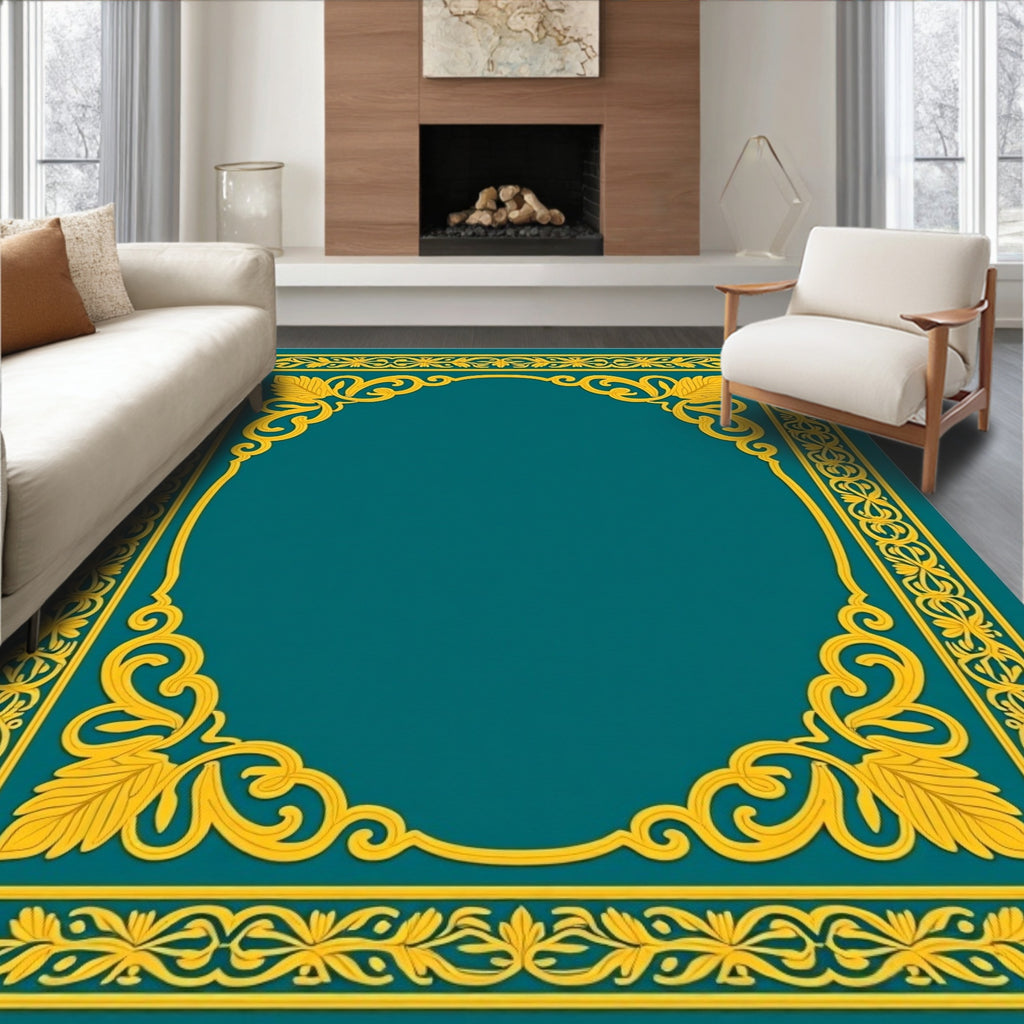 Elegant Teal Gold Floral Scroll Border Rug