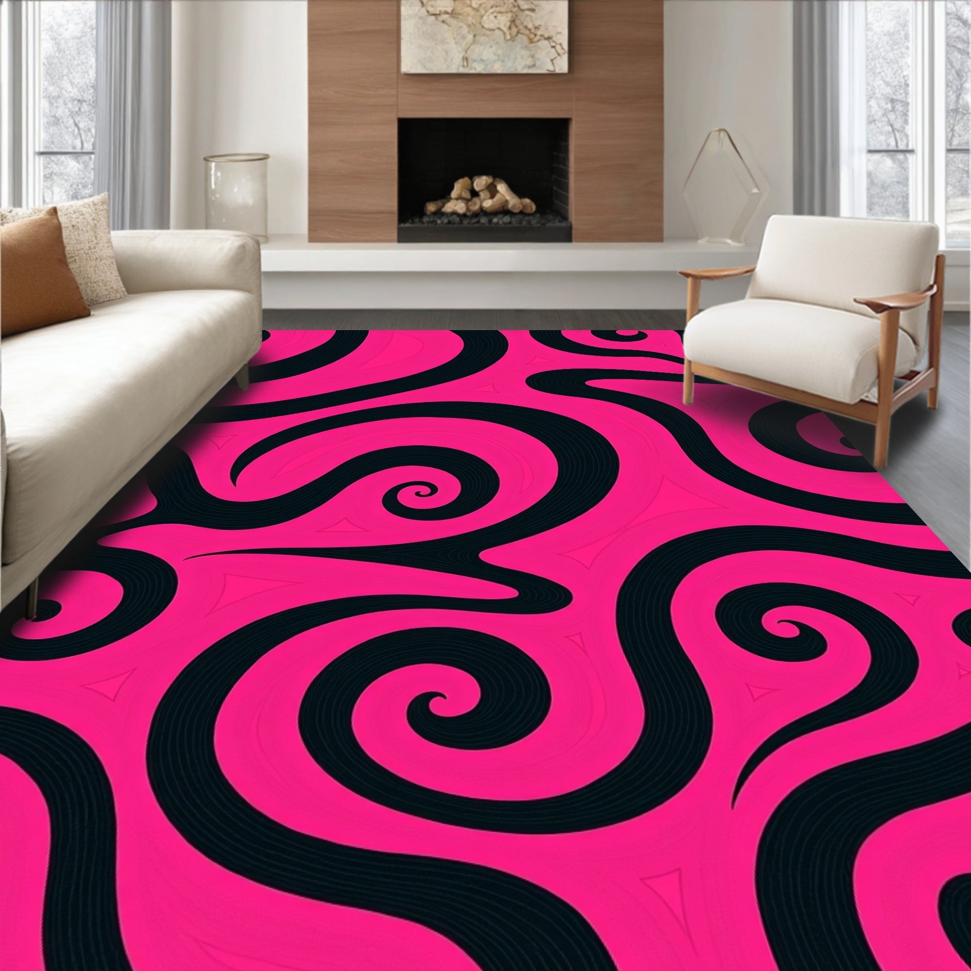 Vibrant Pink Swirls Black Curving Rug
