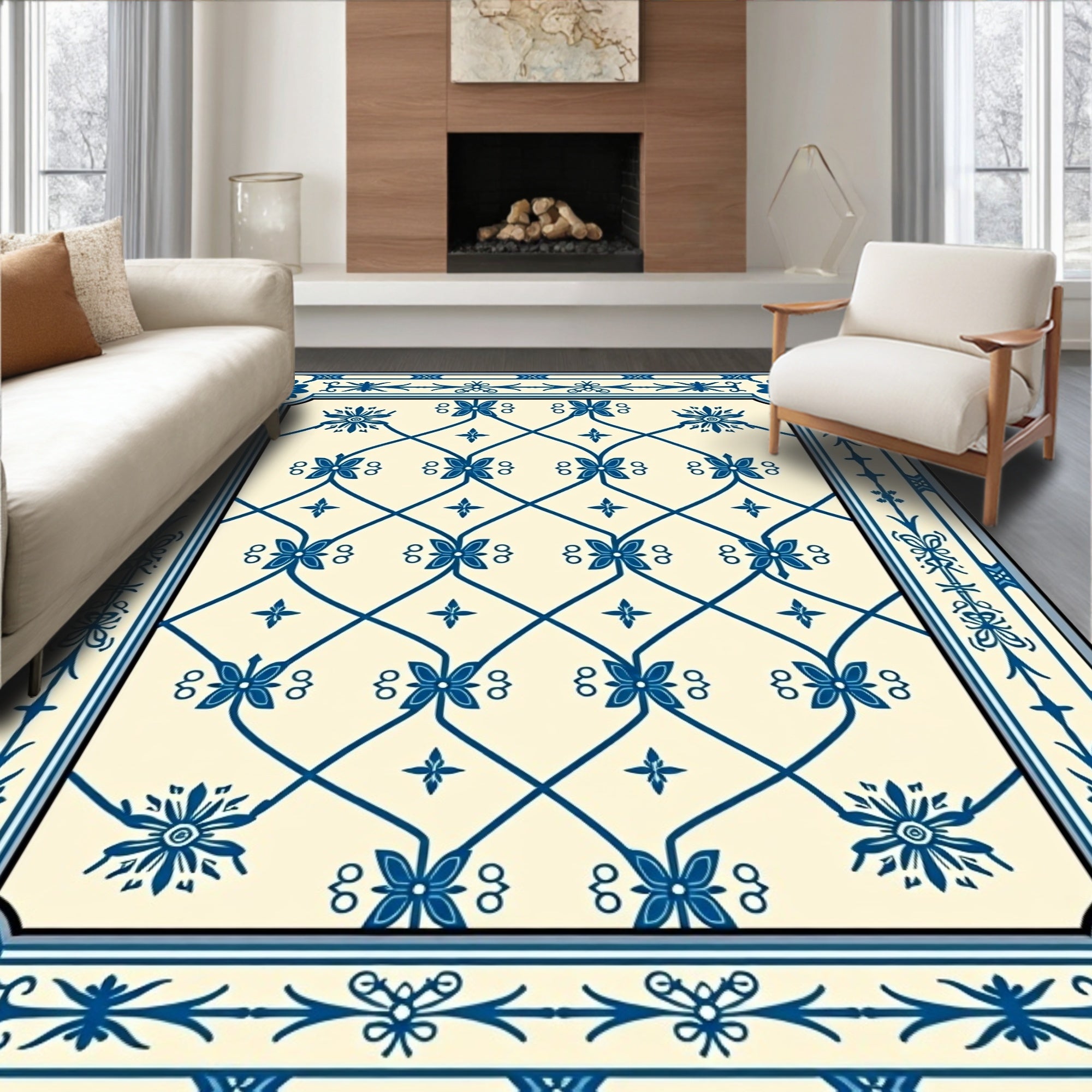 Blue Floral Lattice Border Design Rug