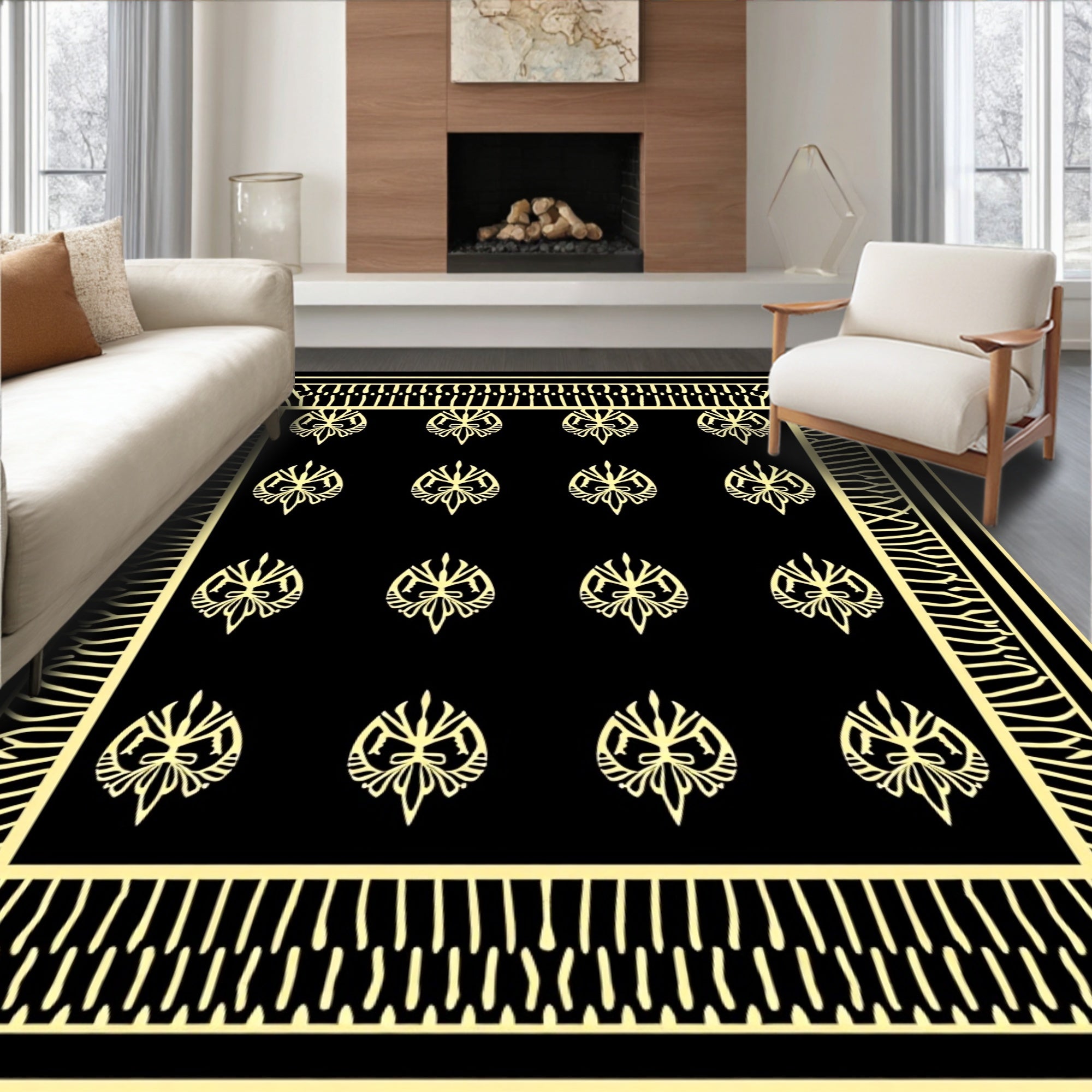 Black And Yellow Floral Pattern Rug