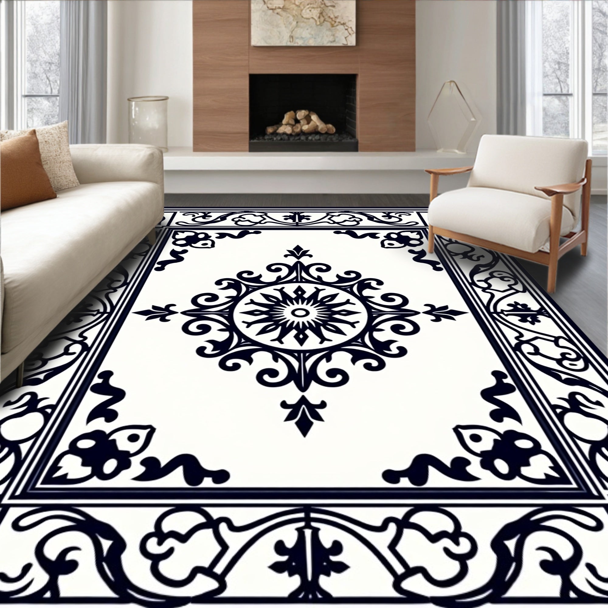 Classic Black White Ornate Medallion Rug