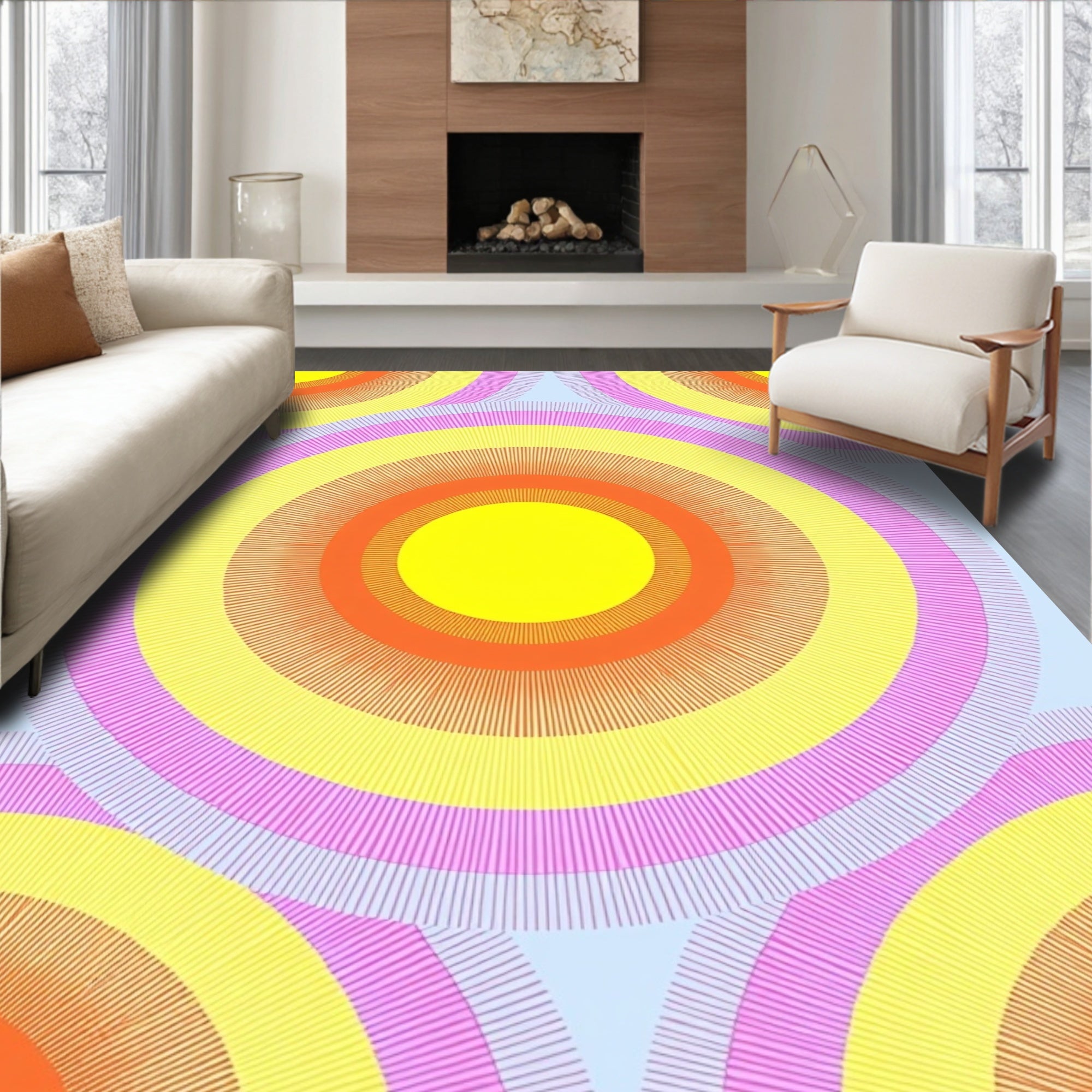 Retro Sunburst Rainbow Circular Pattern Rug