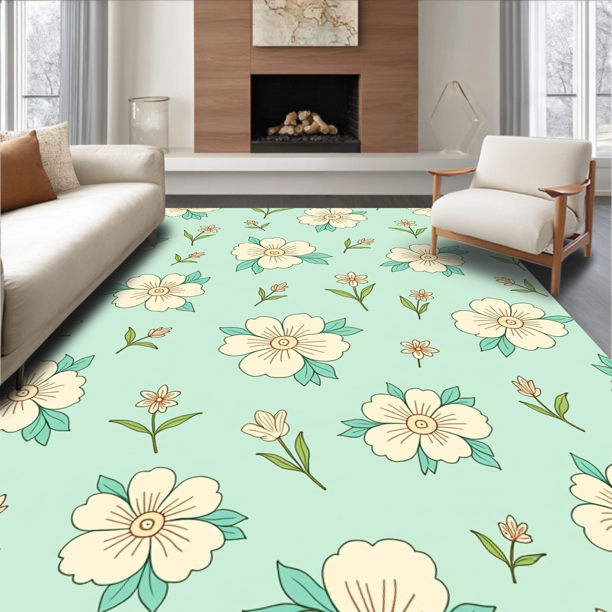 Cream Floral Pattern With Teal Leaves Rug