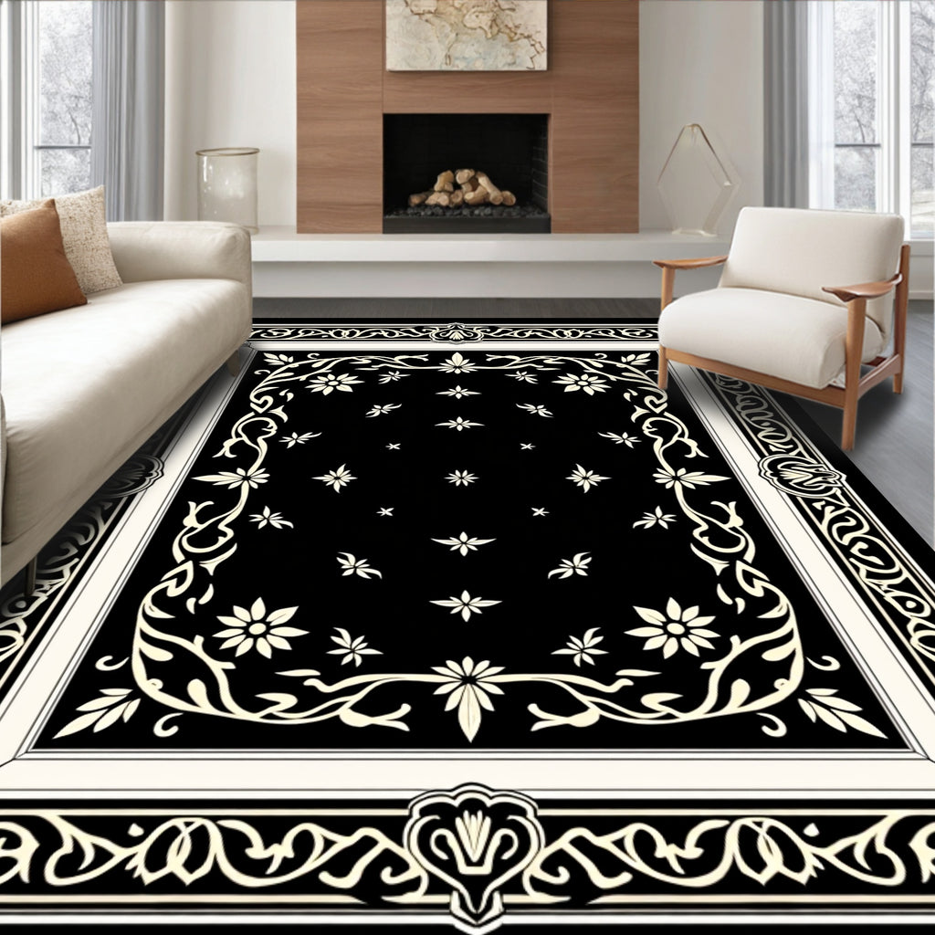 Black Cream Floral Vine Motif Rug