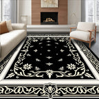 Black Cream Floral Vine Motif Rug