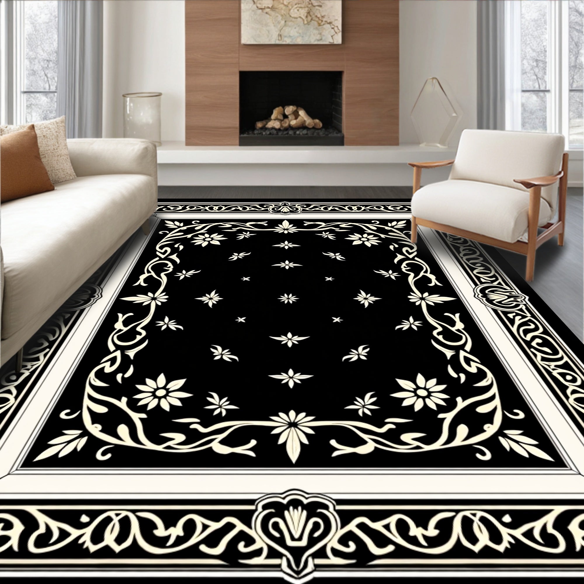 Black Cream Floral Vine Motif Rug