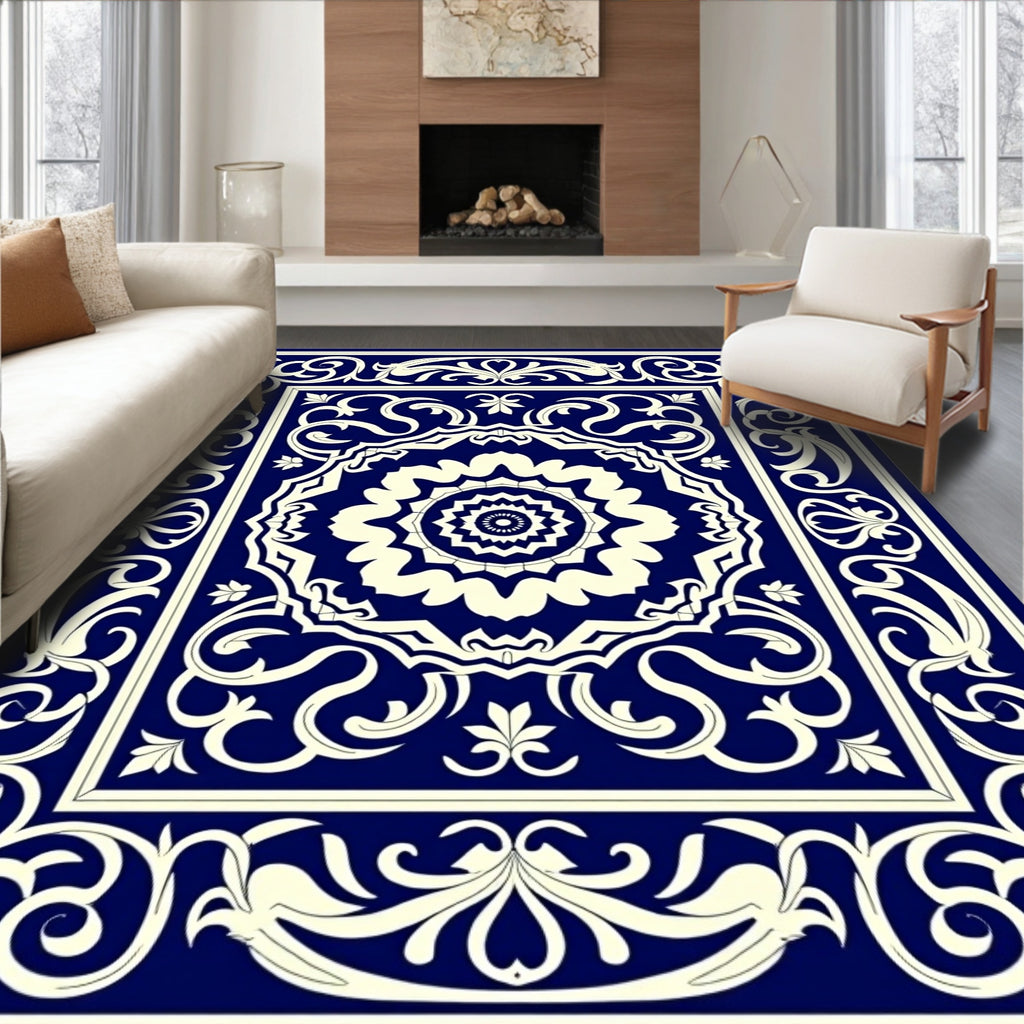 Antique Blue Floral Scroll Pattern Rug