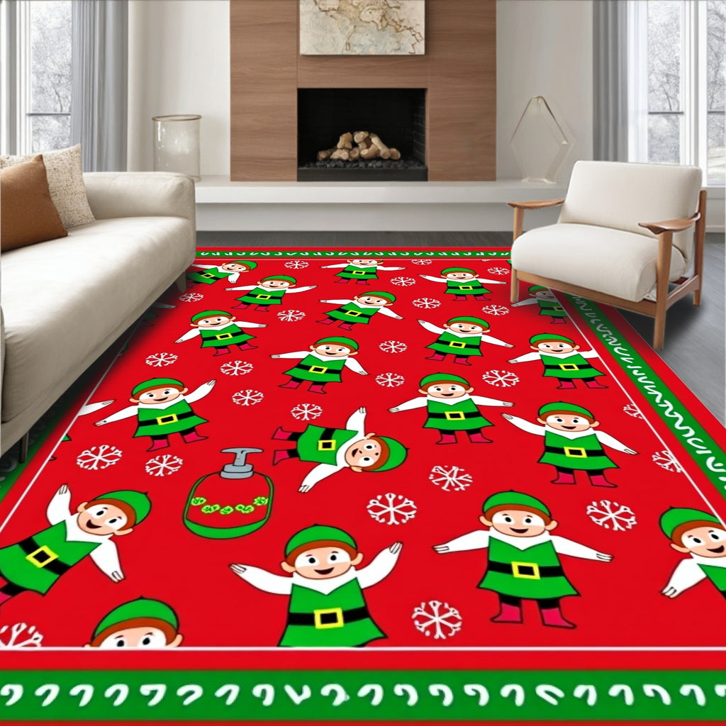 Festive Elves And Snowflakes Red Rug