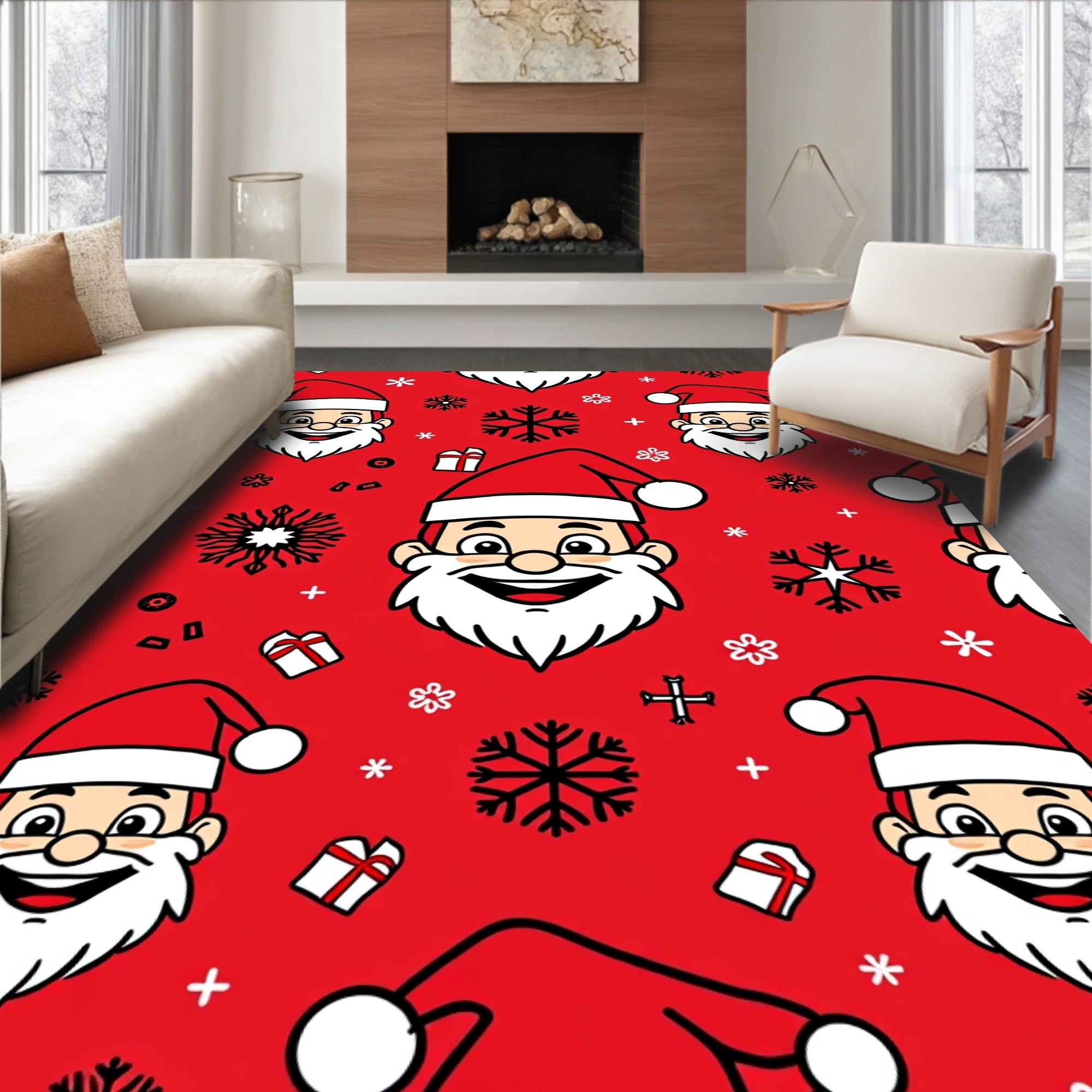 Cheerful Santa Claus Snowflakes Gift Red Rug