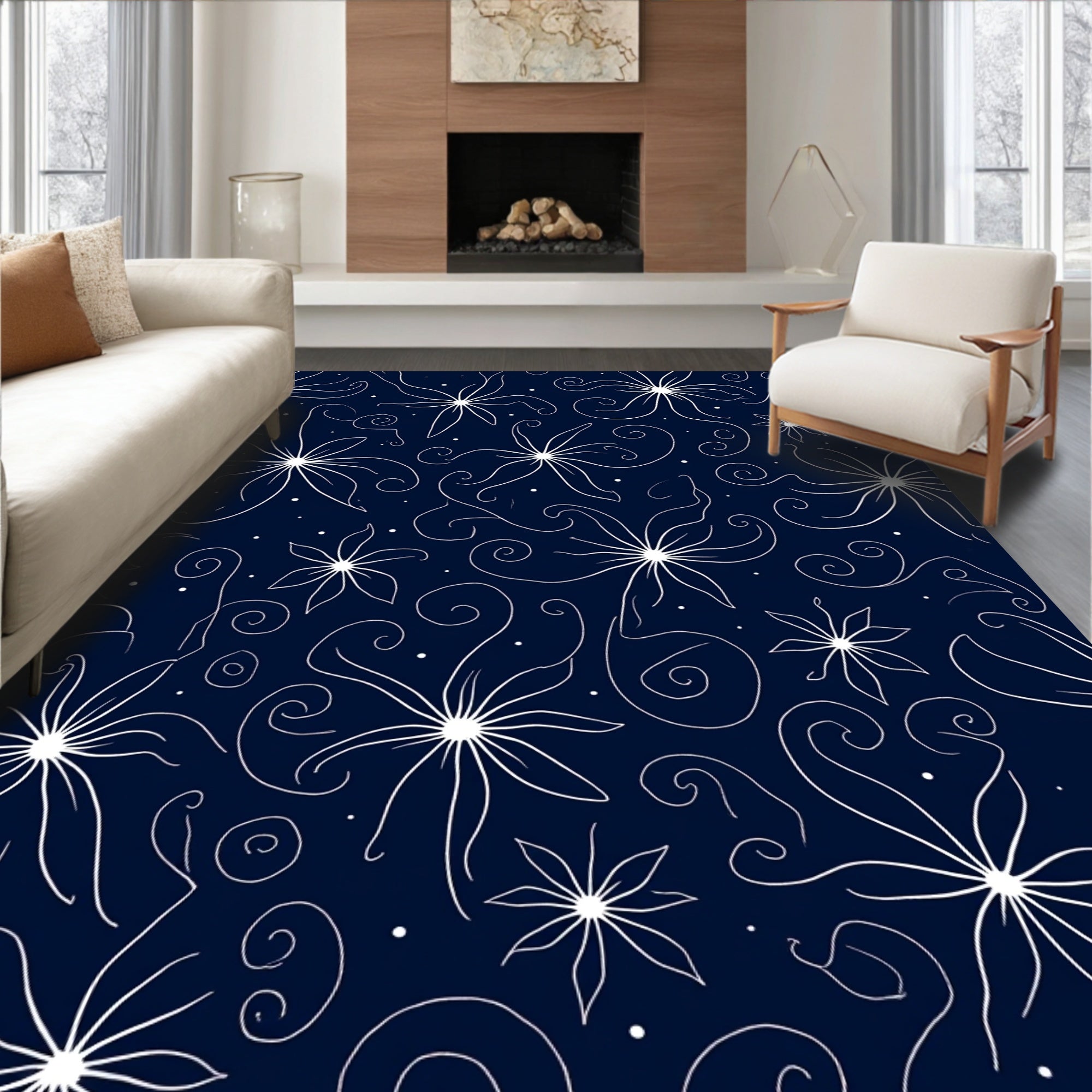 White Star Floral Swirls Pattern Rug