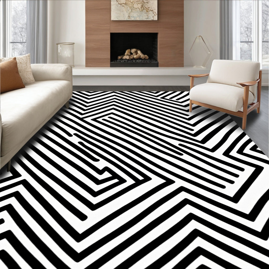 Black White Angled Line Art Design Rug