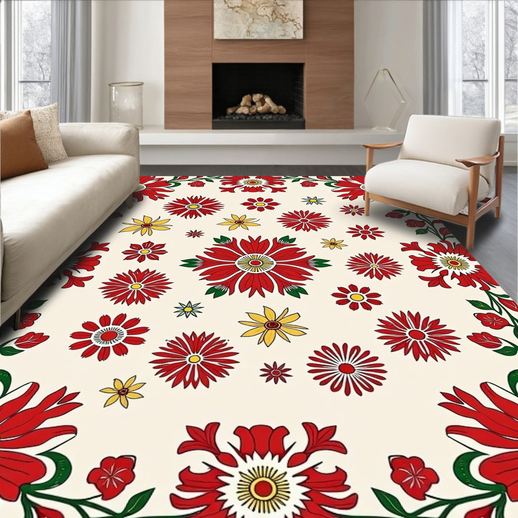 Bold Red Floral Patterned Textile Rug