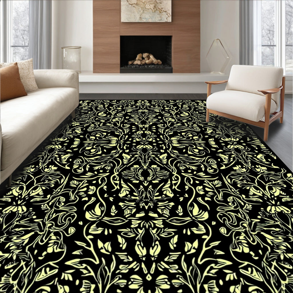 Ornate Black Floral Vine Art Rug