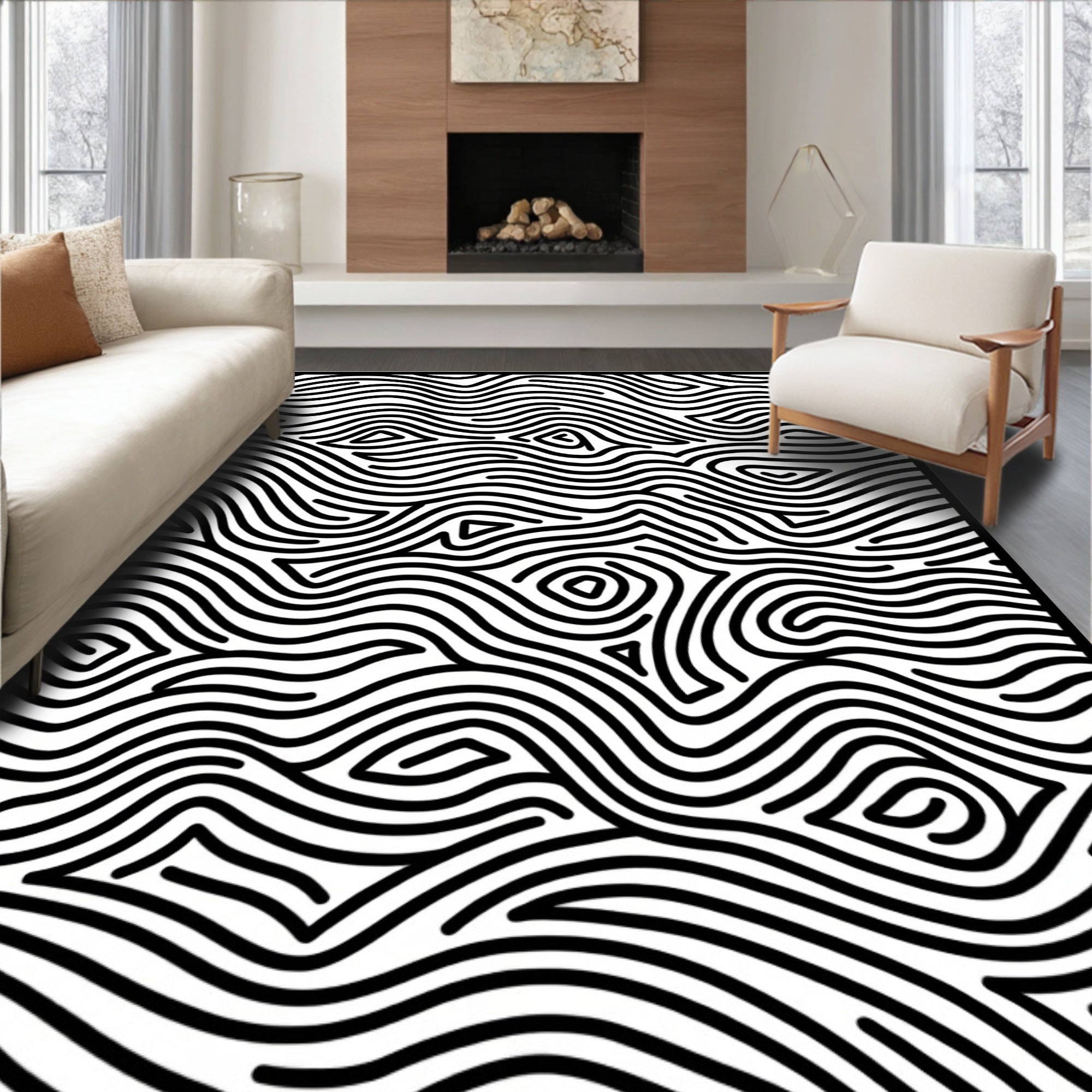 Abstract Black White Organic Lines Rug