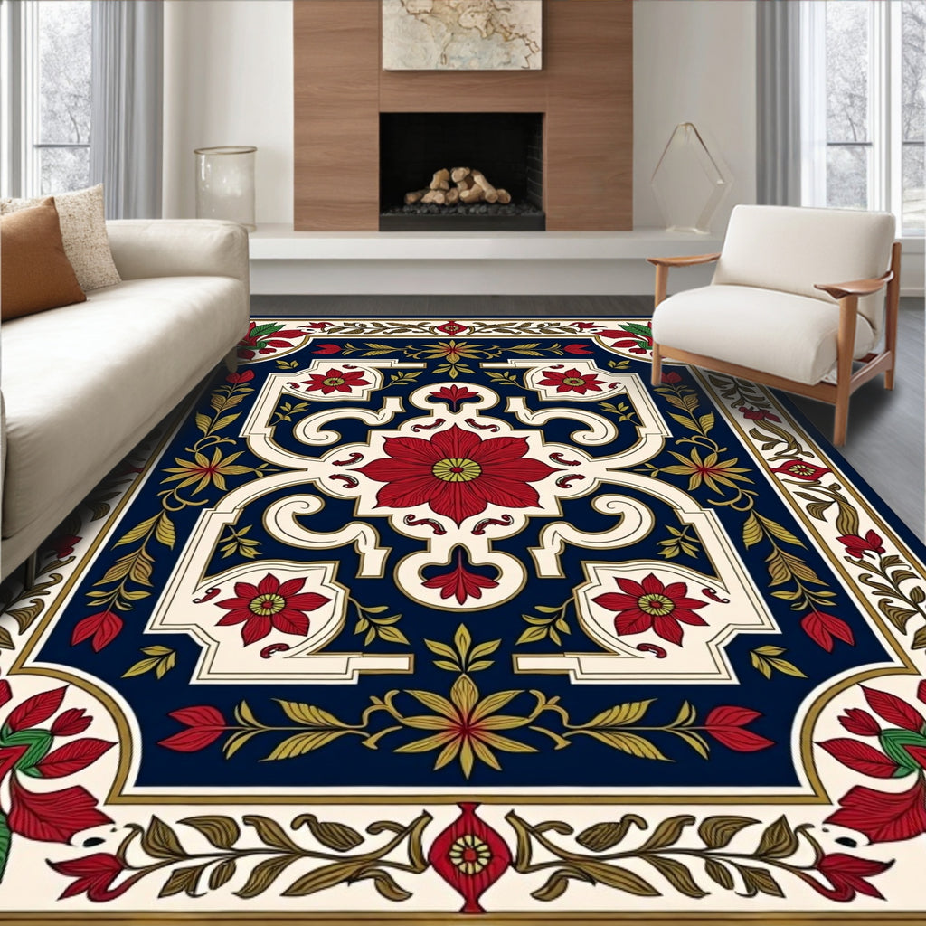 Rich Red Floral Garden Pattern Rug