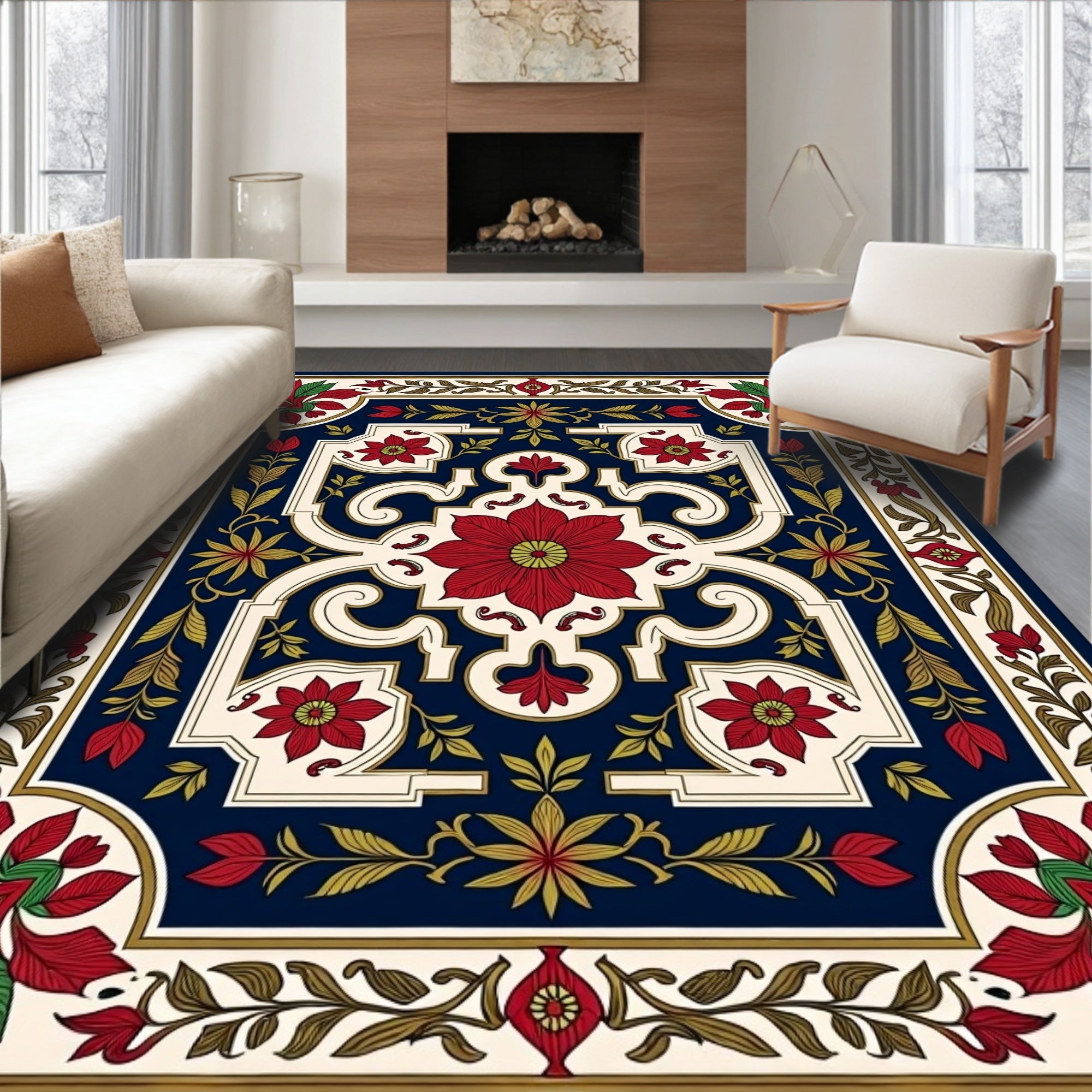 Rich Red Floral Garden Pattern Rug