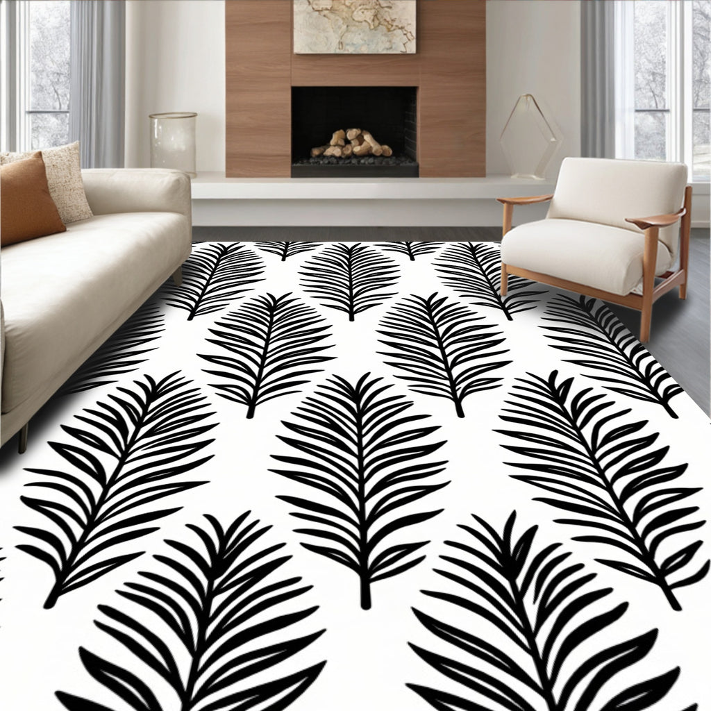 Modern Black White Leaf Pattern Rug