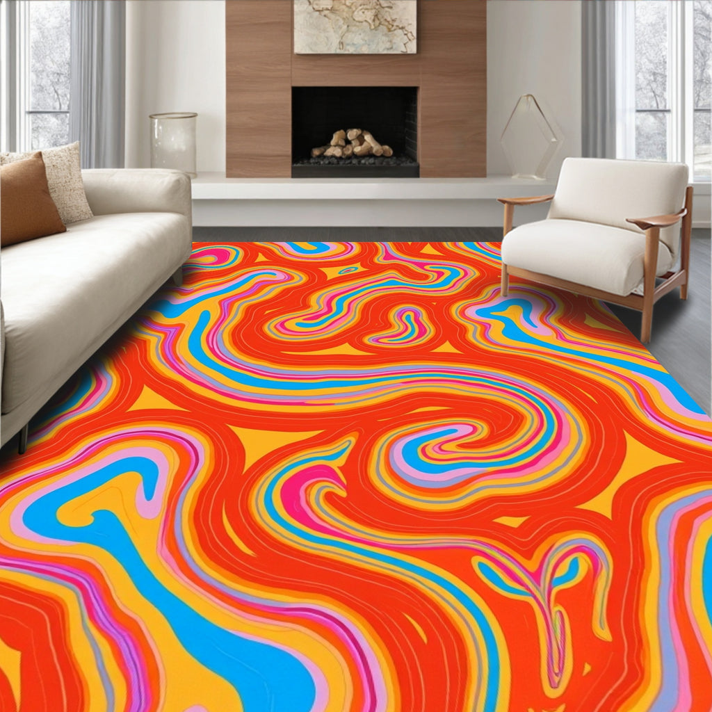 Psychedelic Swirling Orange Pink Blue Rug
