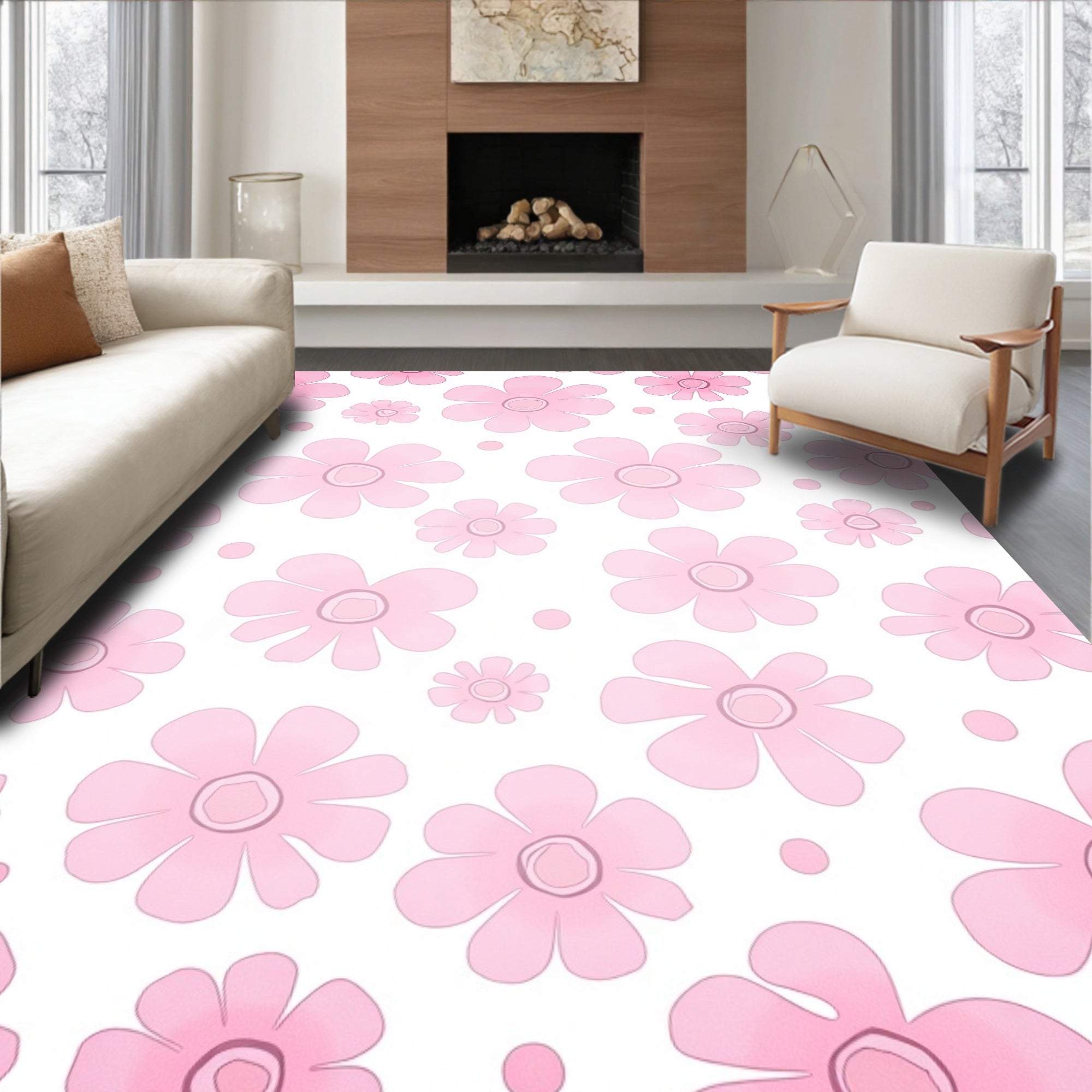 Pink Floral Patterned Whimsical Design Rug