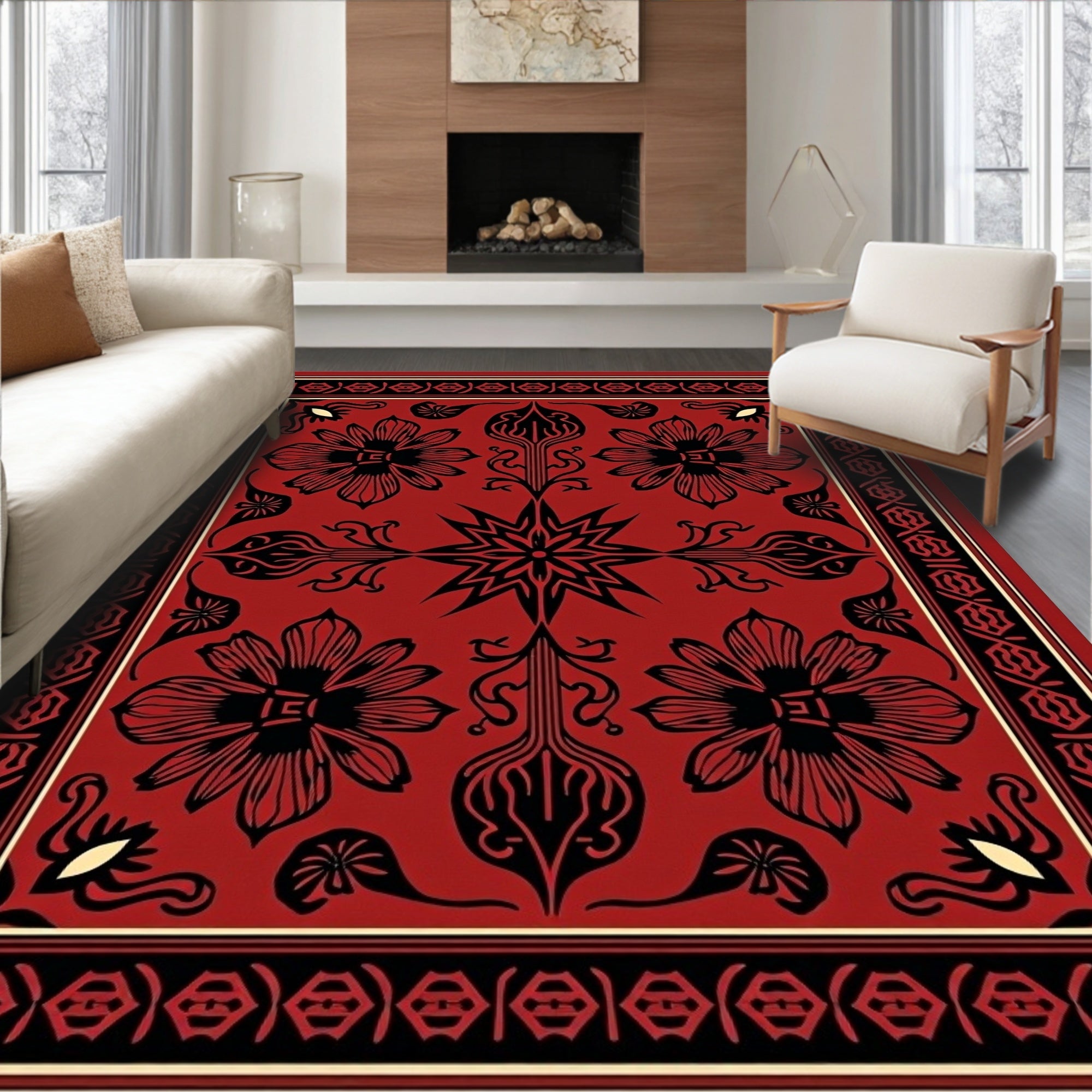 Bold Red Floral Geometric Pattern Rug