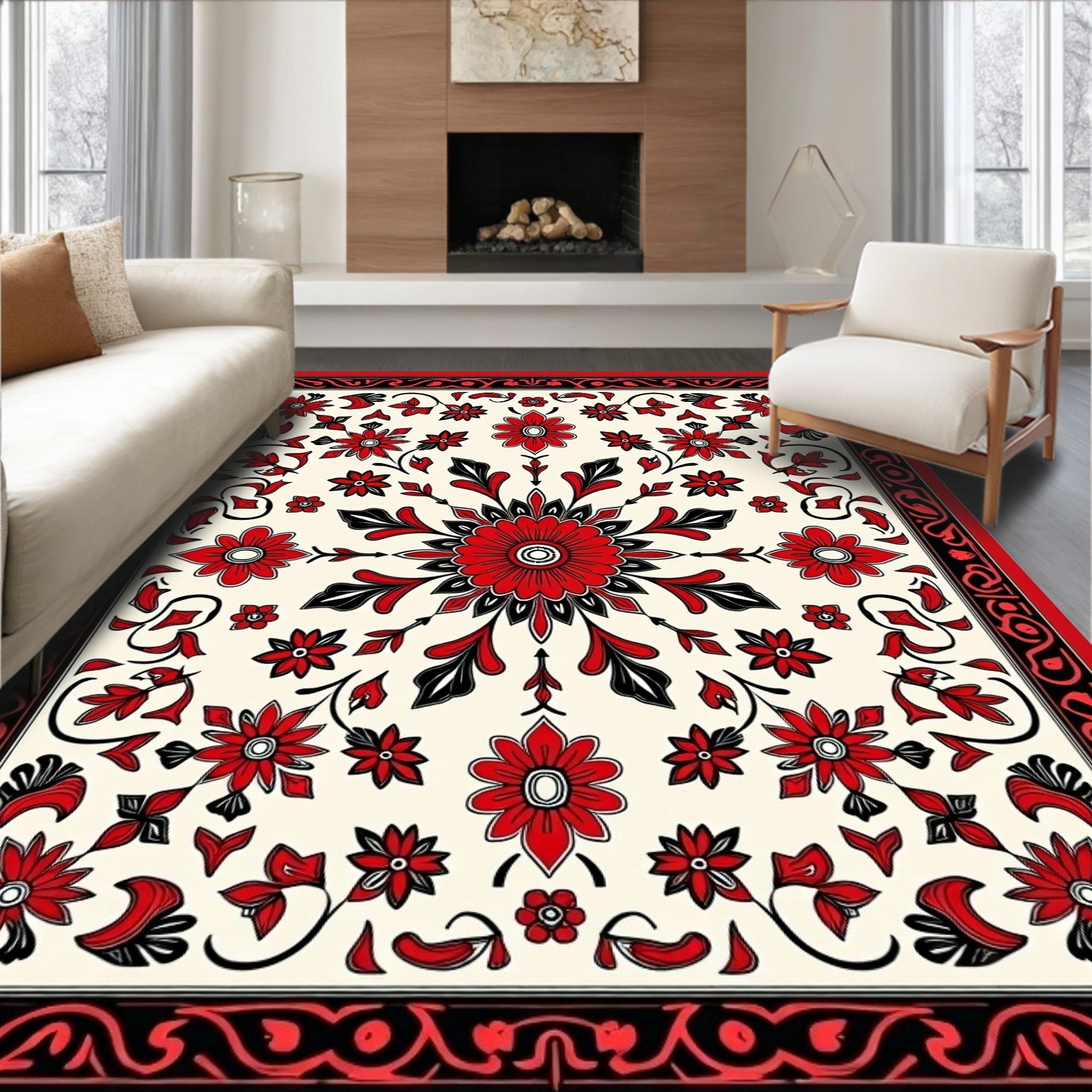 Bold Red Floral Mandala Pattern Rug