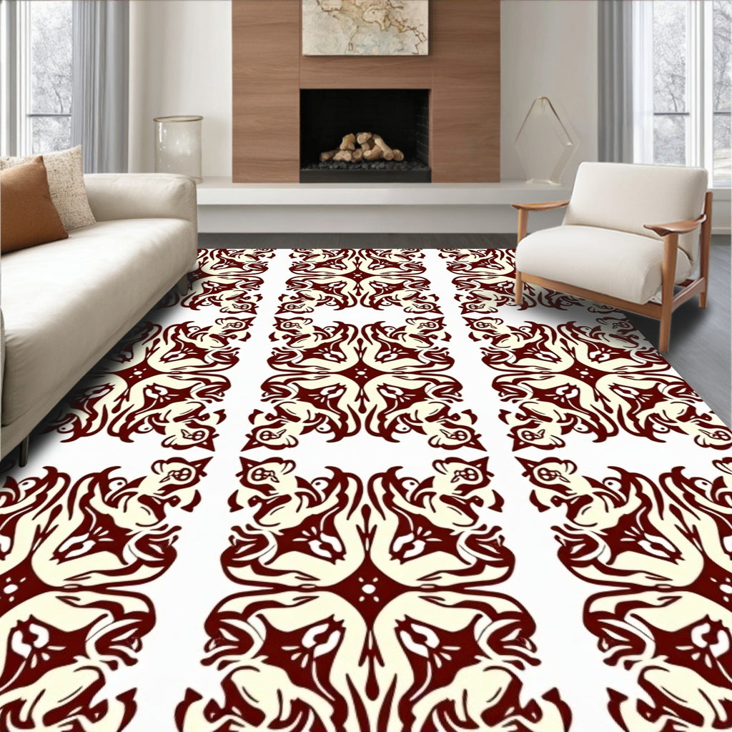 Ornate Figure Scroll Beige Red Rug