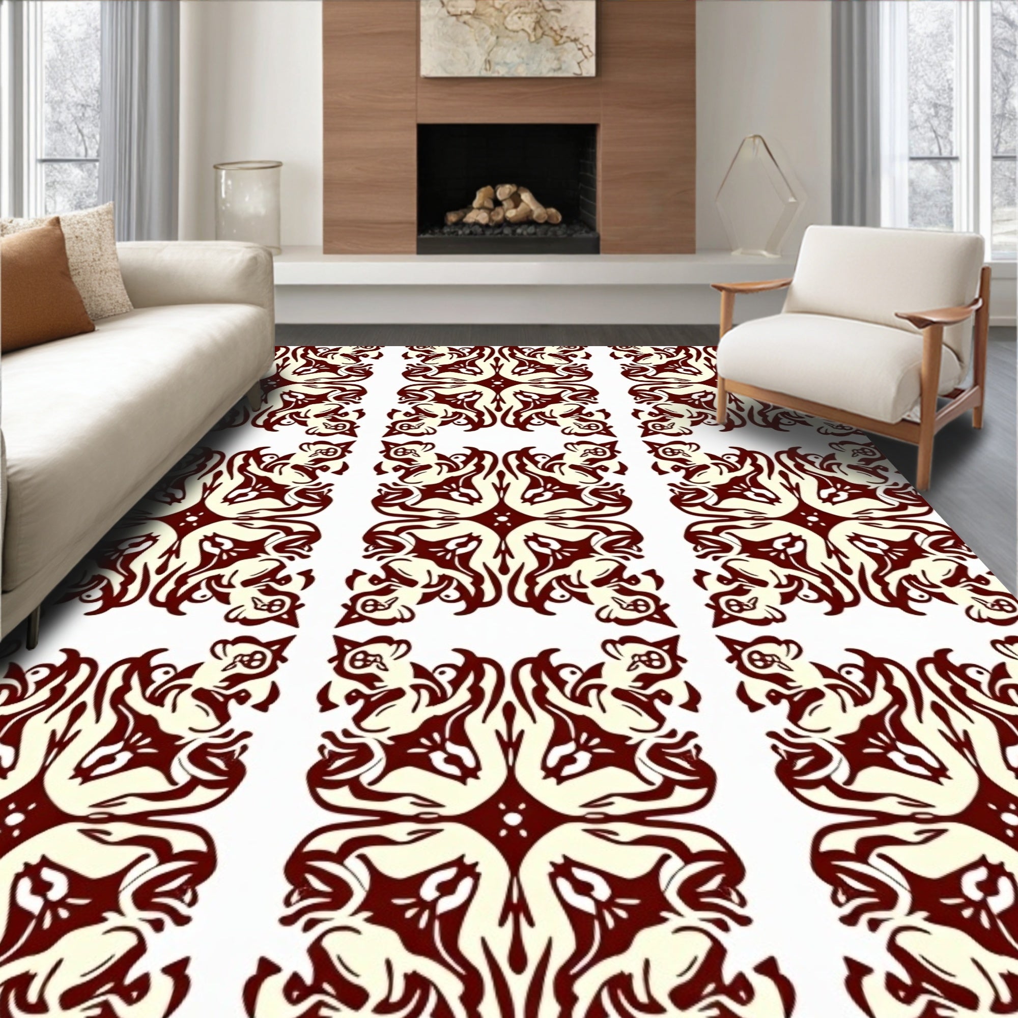 Ornate Figure Scroll Beige Red Rug
