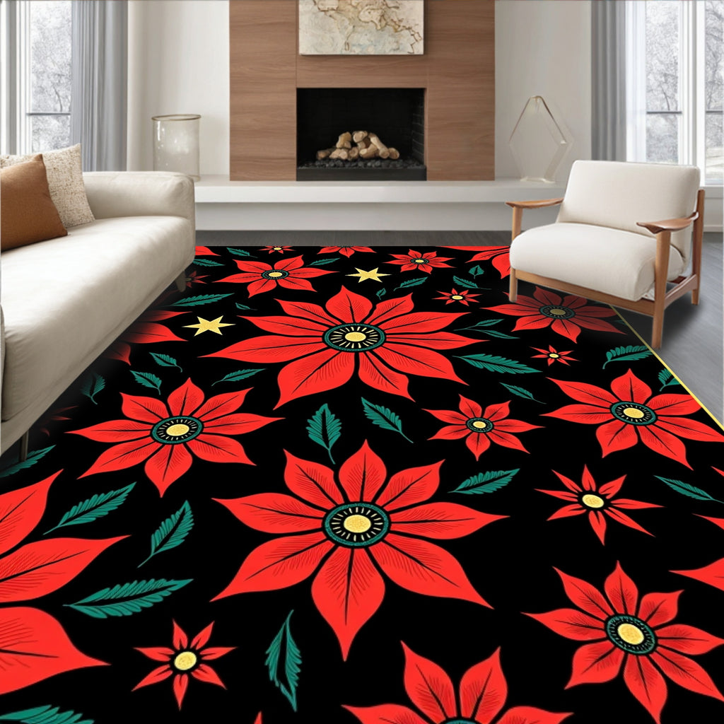 Vintage Red Poinsettia Black Star Rug