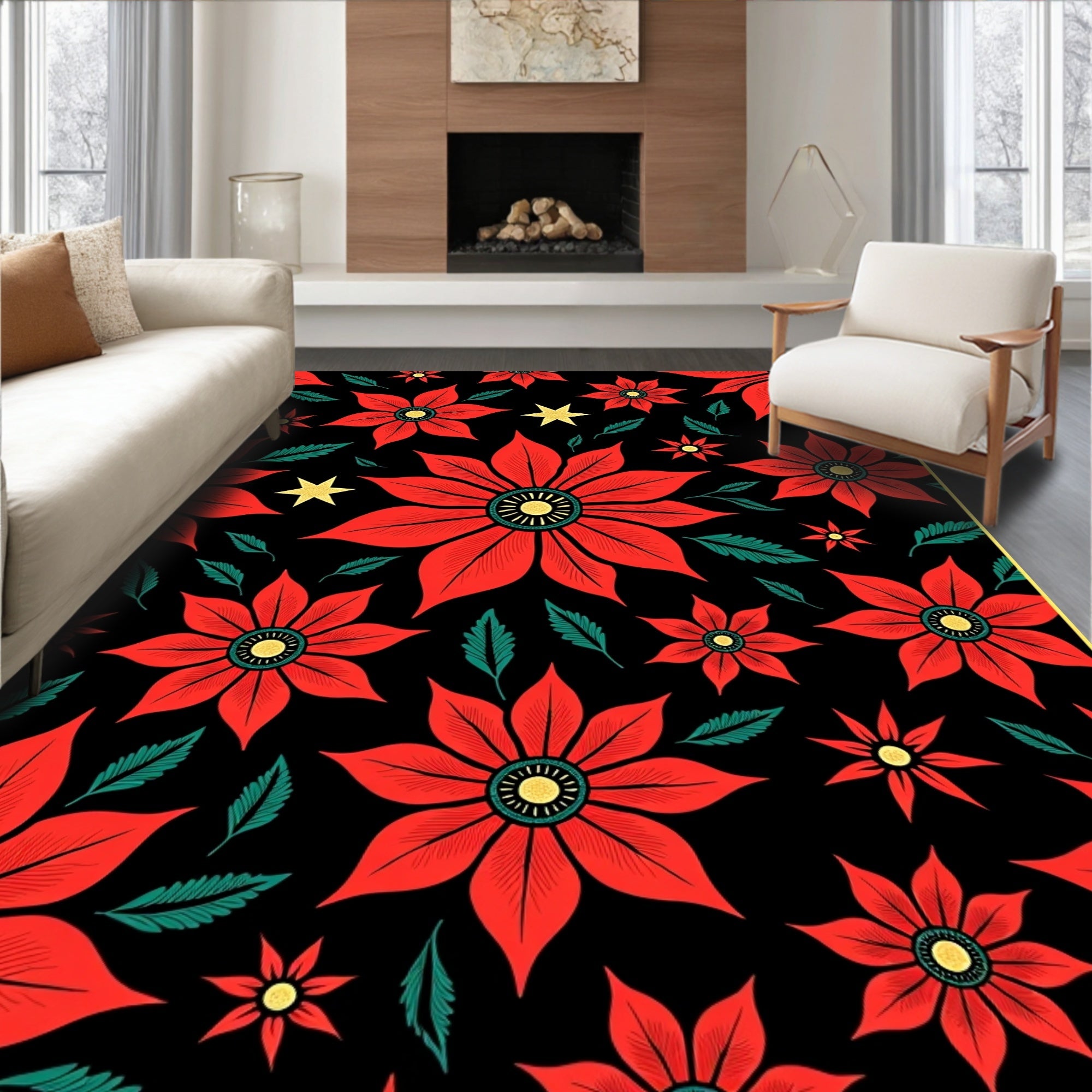 Vintage Red Poinsettia Black Star Rug