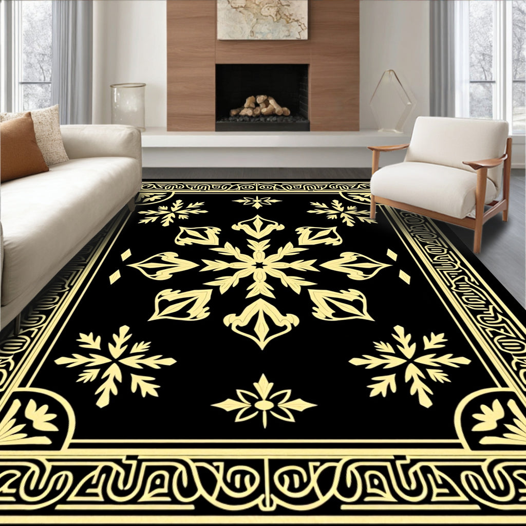 Gold Floral Medallion Black Rectangle Frame Rug