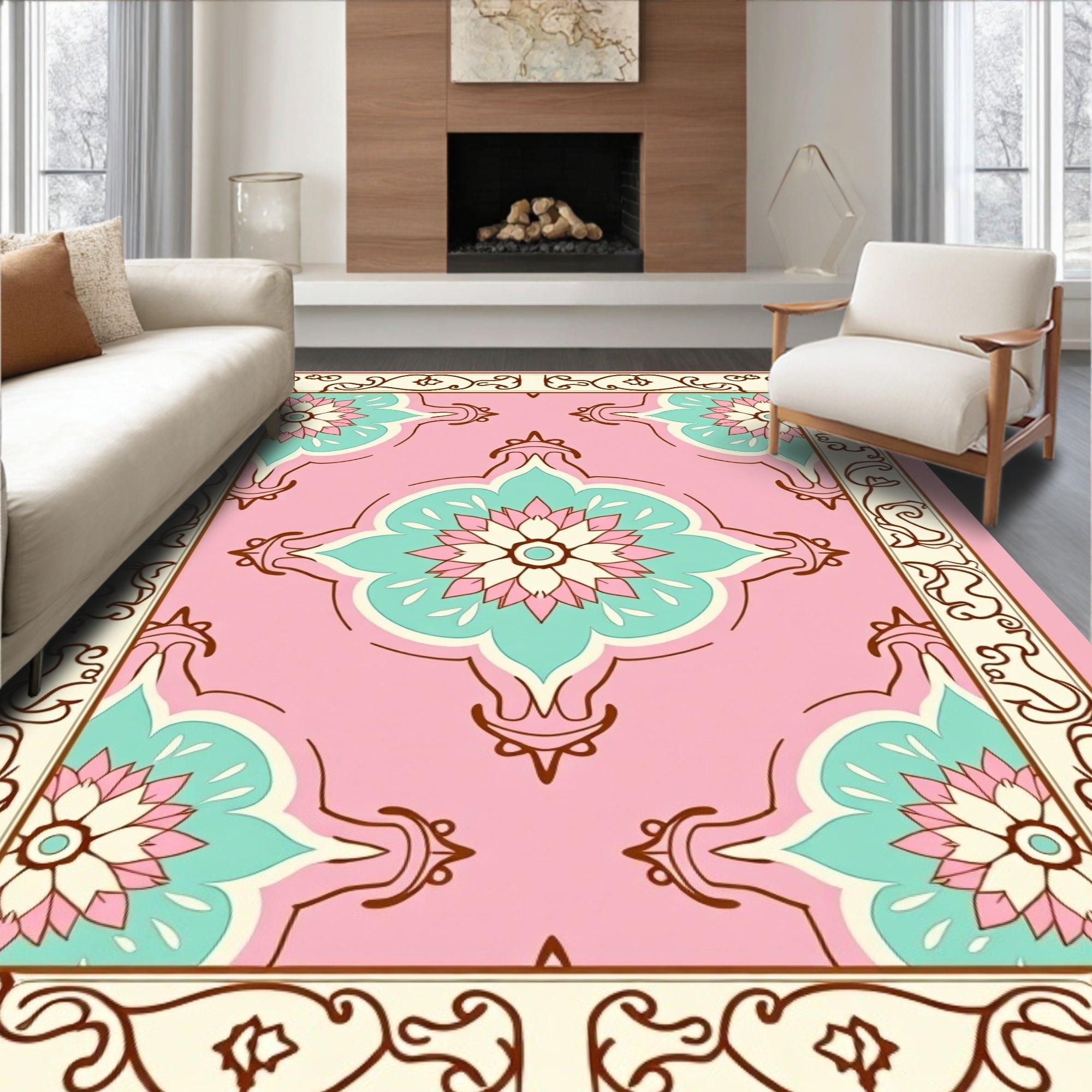 Pink Floral Medallion Cream Border Rug