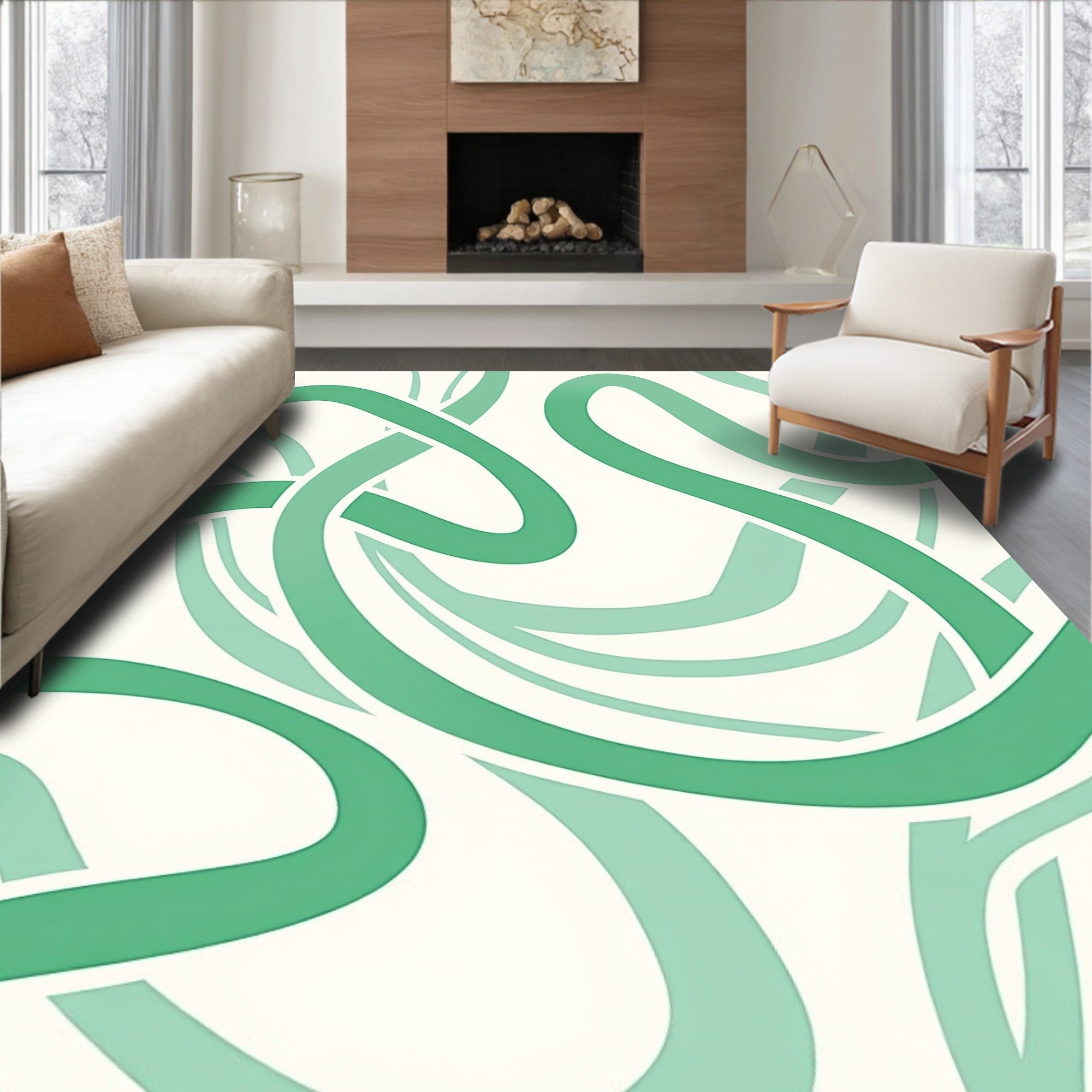Green Flowing Abstract Ribbon Design Rug