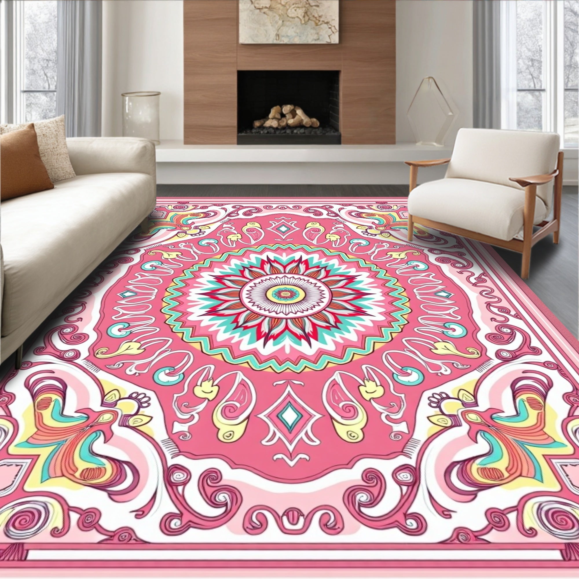 Vibrant Pink Floral Mandala Pattern Rug