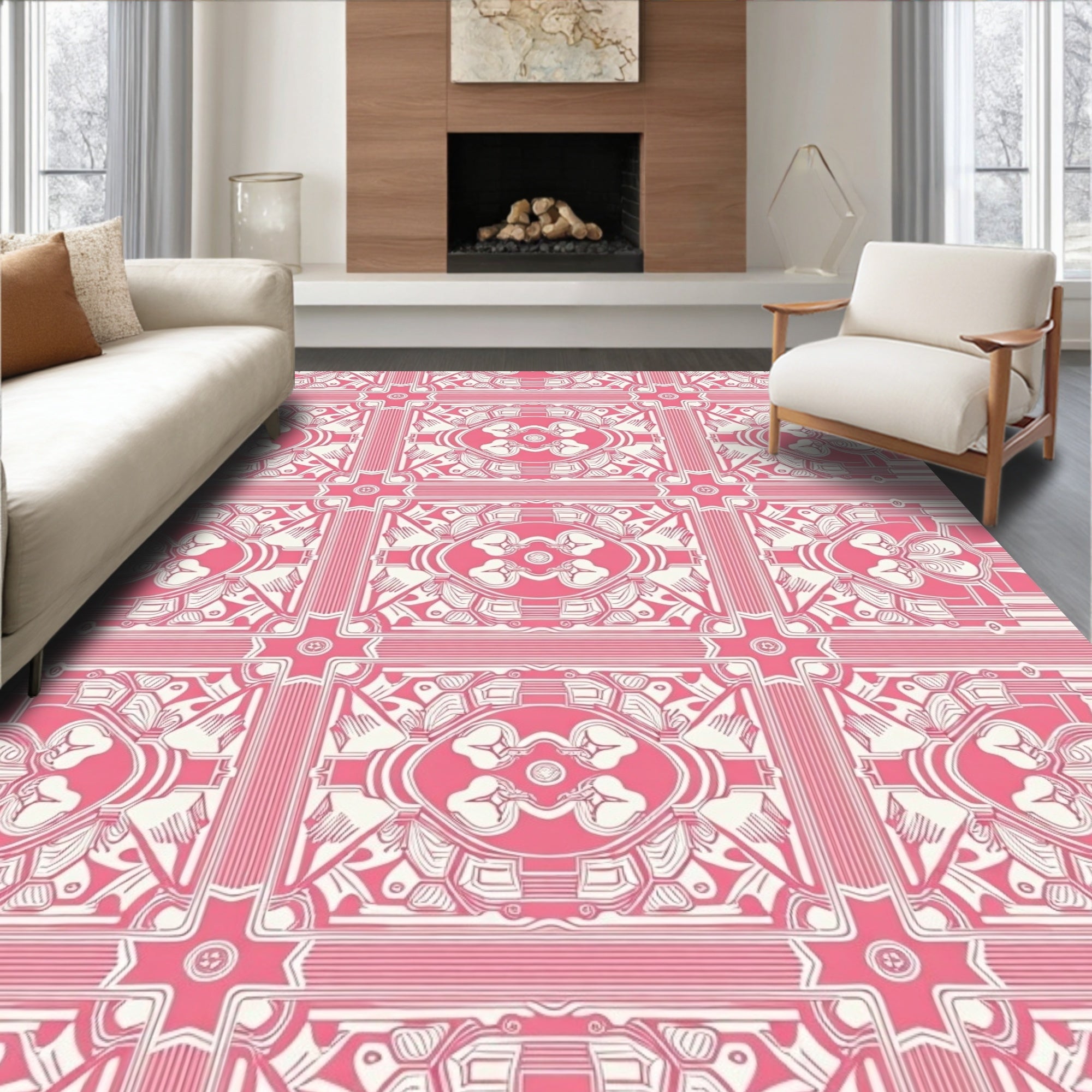 Pink White Traditional Floral Pattern Rug