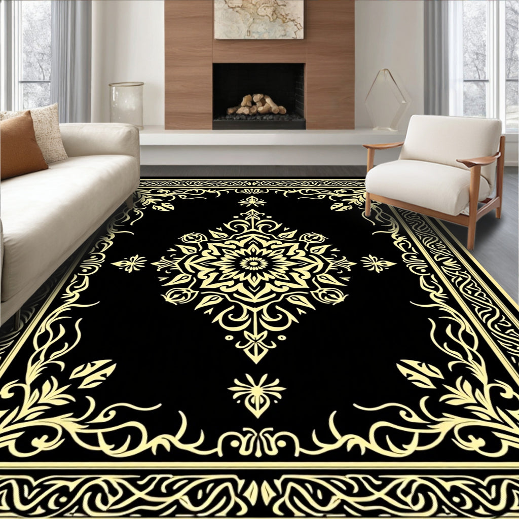 Elegant Black Gold Floral Motif Rug