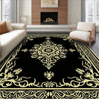 Elegant Black Gold Floral Motif Rug
