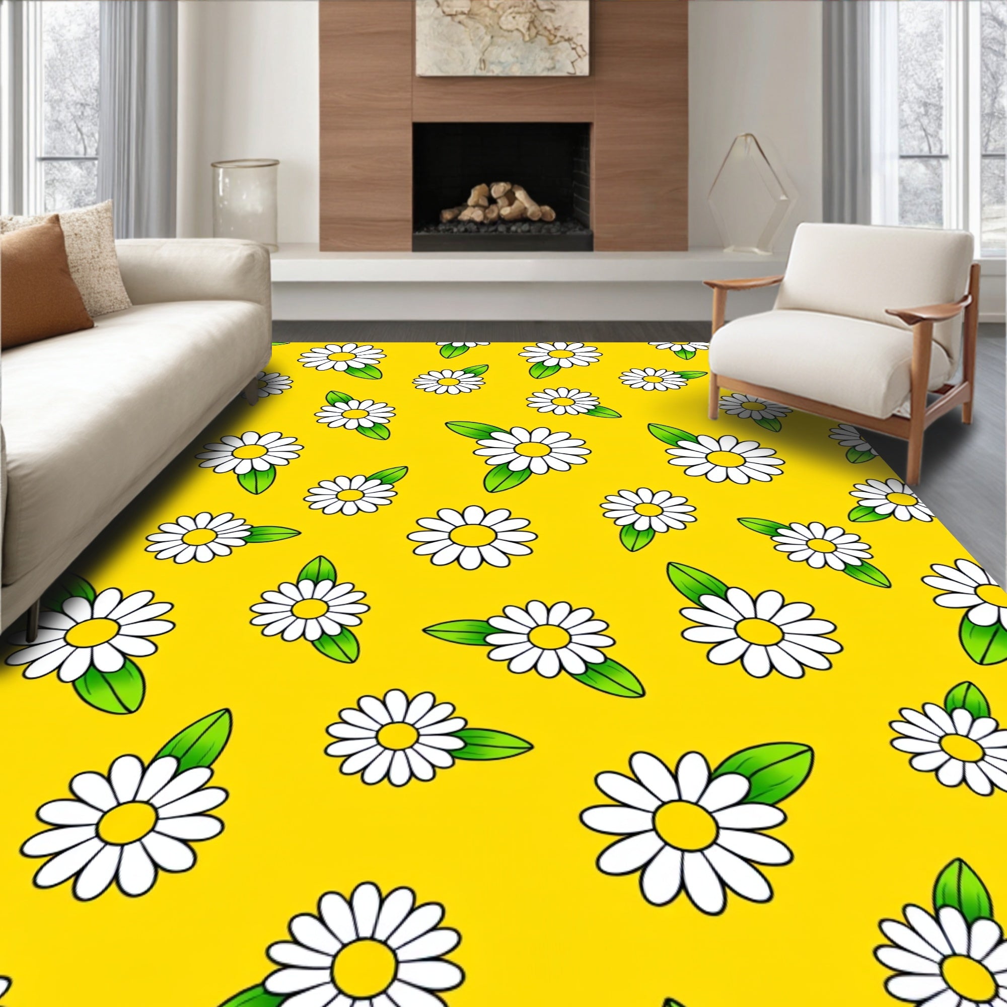 Sunny Yellow Daisy Floral Pattern Rug