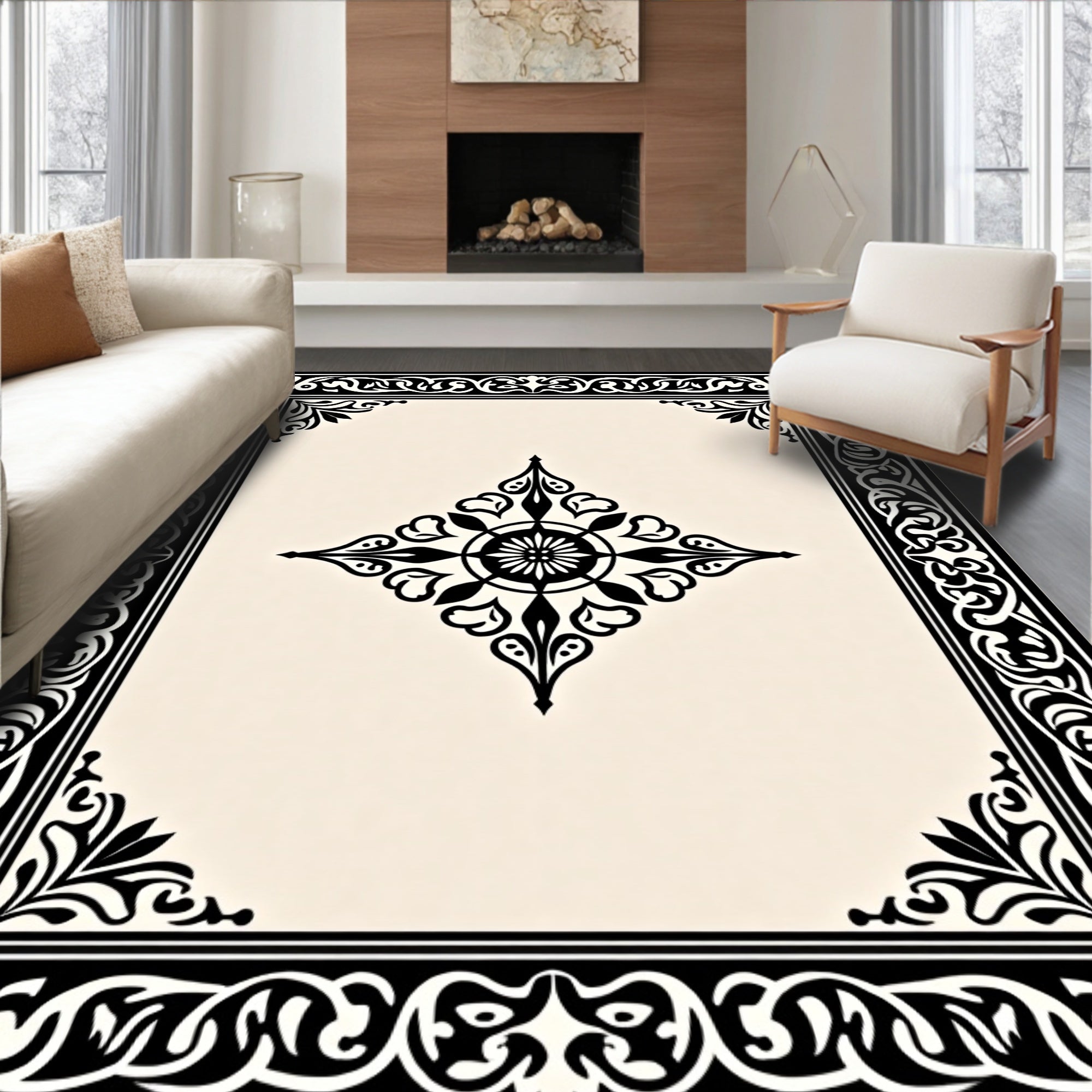 Classic Black and White Ornate Design Rug