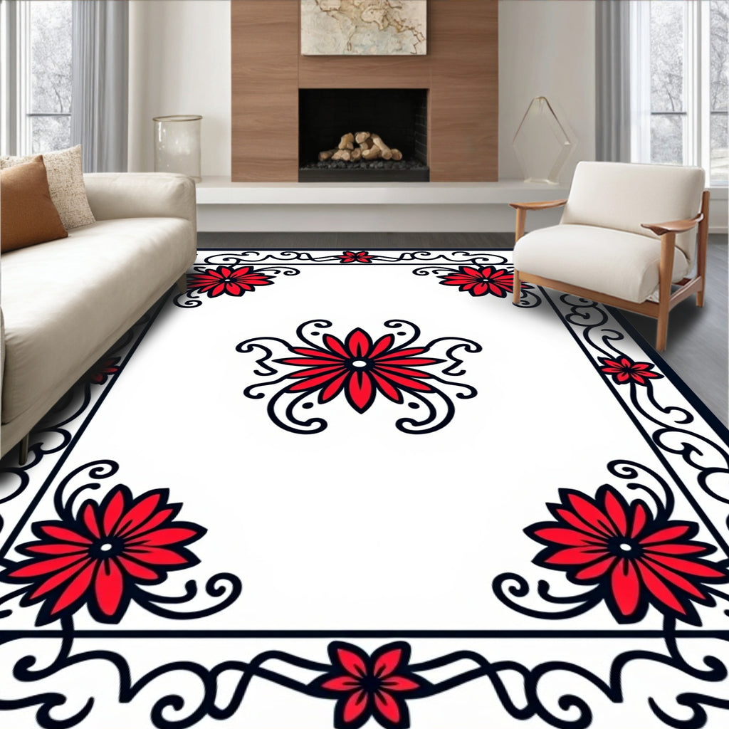 Red Floral Swirl Border Design Rug
