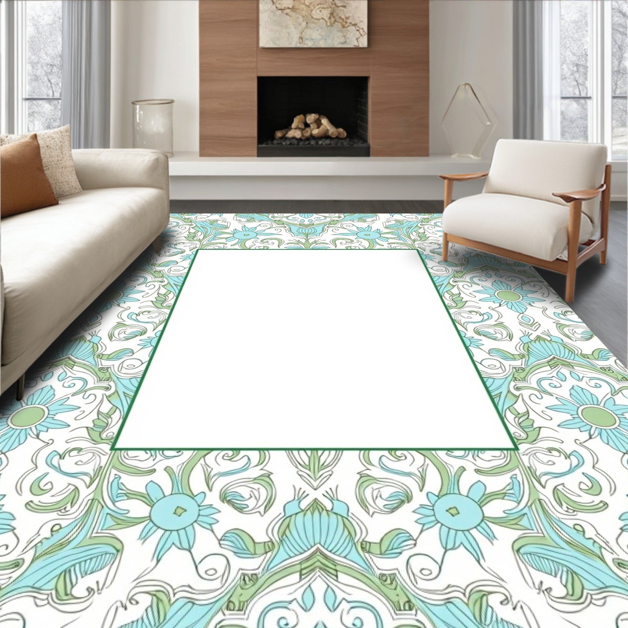 Nature Inspired Floral Scroll Pattern Rug